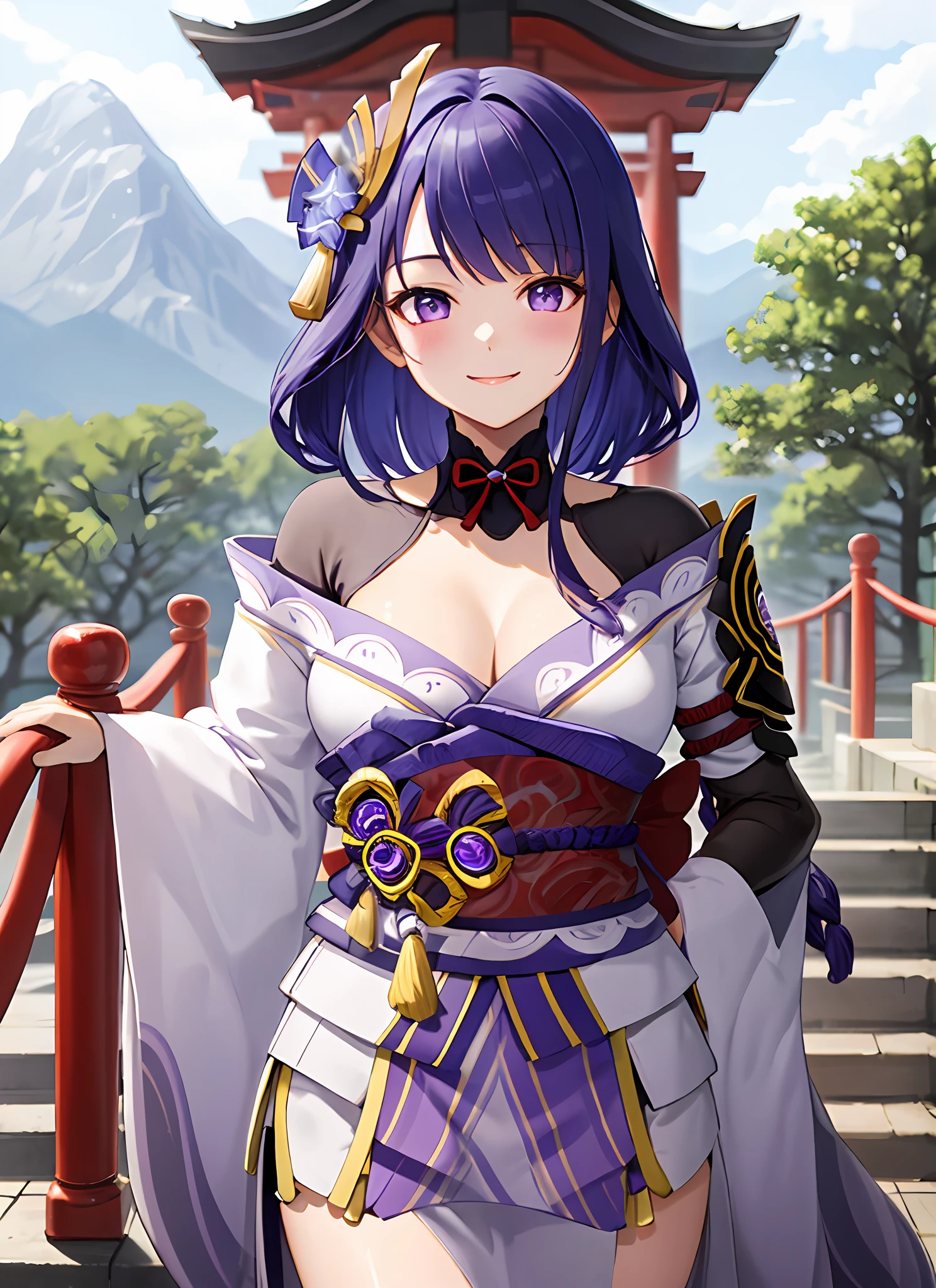 raidenshogundef, upper body, smile, blush, outdoors, day, simple background, blue sky, short hair, sky, temple, looking at viewer, stairs, mountain, moody lighting, facing viewer,