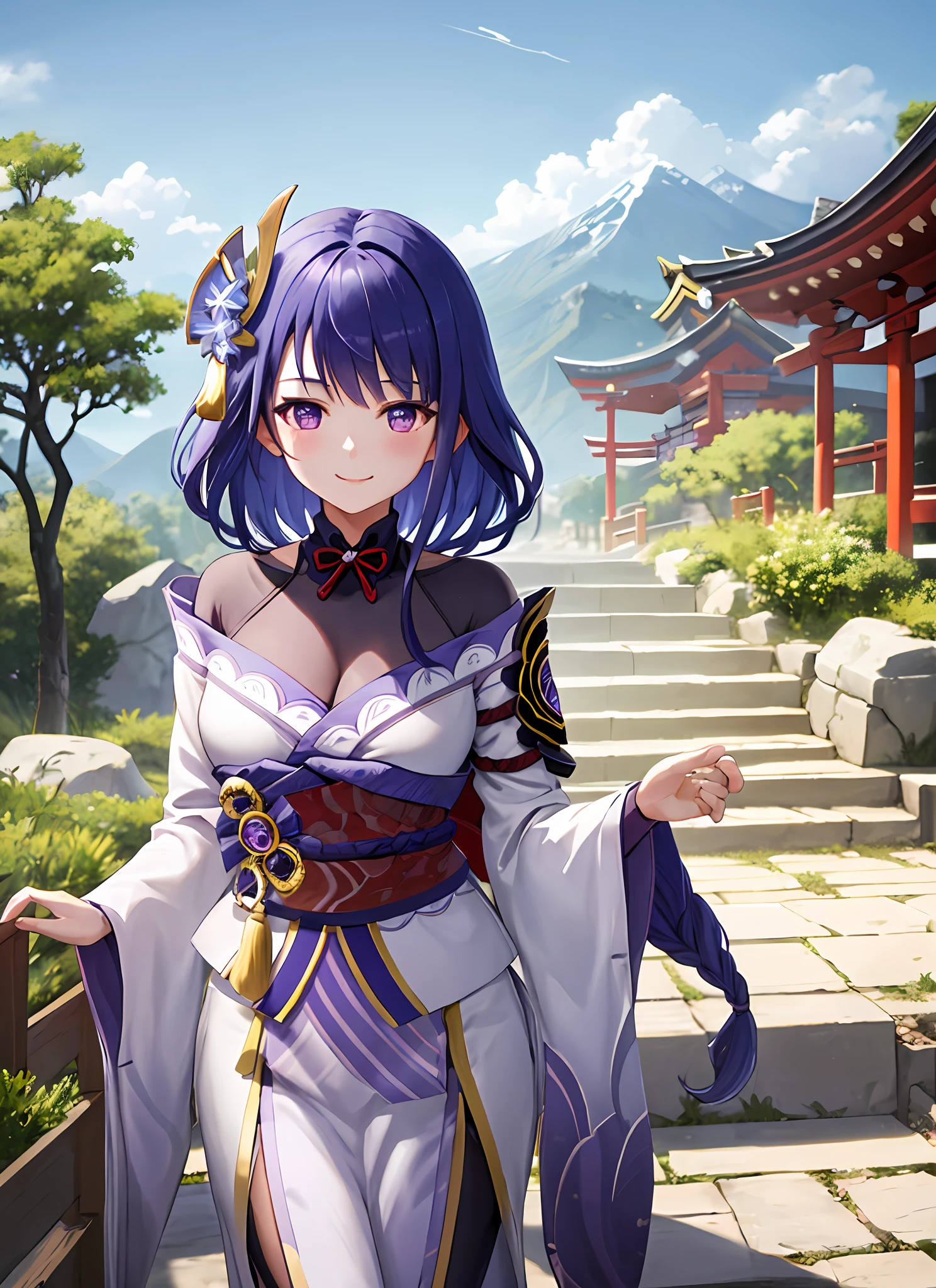 raidenshogundef, upper body, smile, blush, outdoors, day, simple background, blue sky, short hair, sky, temple, looking at viewer, stairs, mountain, moody lighting, facing viewer,