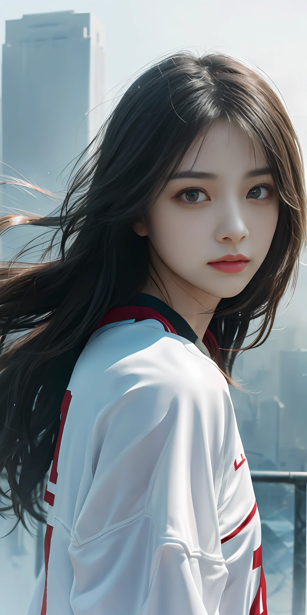(1girl:1.3), 独奏, ((extra detailed face)))), ((extremely detailed eye and face))), beautiful finely detailed eyes, Body parts__, Official Art, 统一 8k 壁纸, ultra-detailliert, Beautiful and beautiful, ​masterpiece, top-quality, original, ​masterpiece, ultra fine photos, top-quality, 超A high resolution, Realistic realism, sunlights, portrait of a full body, Amazing beauty, Dynamic poses, delicated face,, Vibrant eyes, (from the front side)、She wears a volleyball uniform、A detailed face、Detailed complex busy background、Messy and gorgeous milky white、highlydetailed skin、realistic skin detail、Visible Pore、clear focus、volumetric fog、8k UHD、Digital SLR、hightquality、film grains、fair white skin、photorealisim、 Lomography、A huge metropolis in a futuristic dystopia、semi transparent