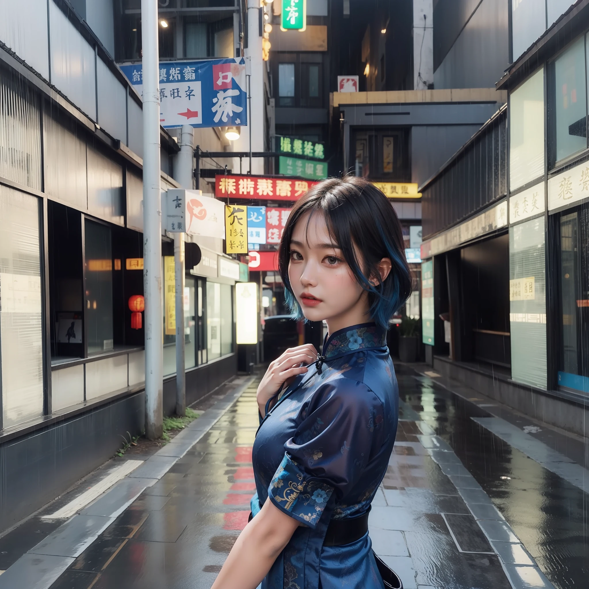 bluer hair:1.2,Short hair,femele,Ancient Chinese street scene,Rainy days,The blue cheongsam was tight,Satin,Sword in hand