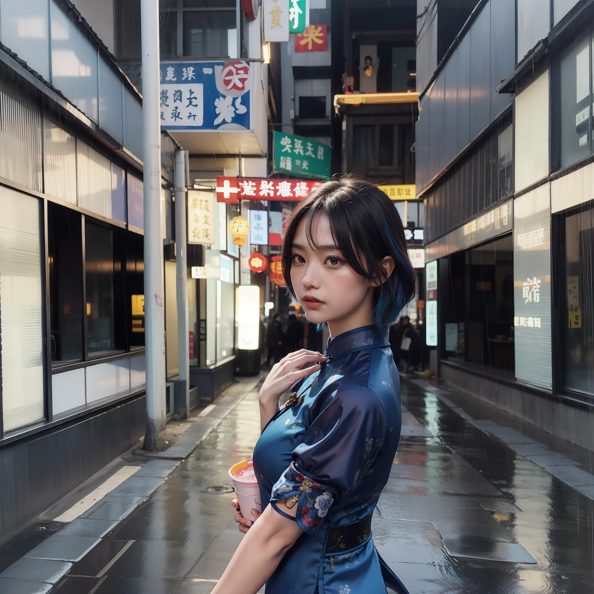 bluer hair:1.2,Short hair,femele,Ancient Chinese street scene,Rainy days,The blue cheongsam was tight,Satin,Sword in hand