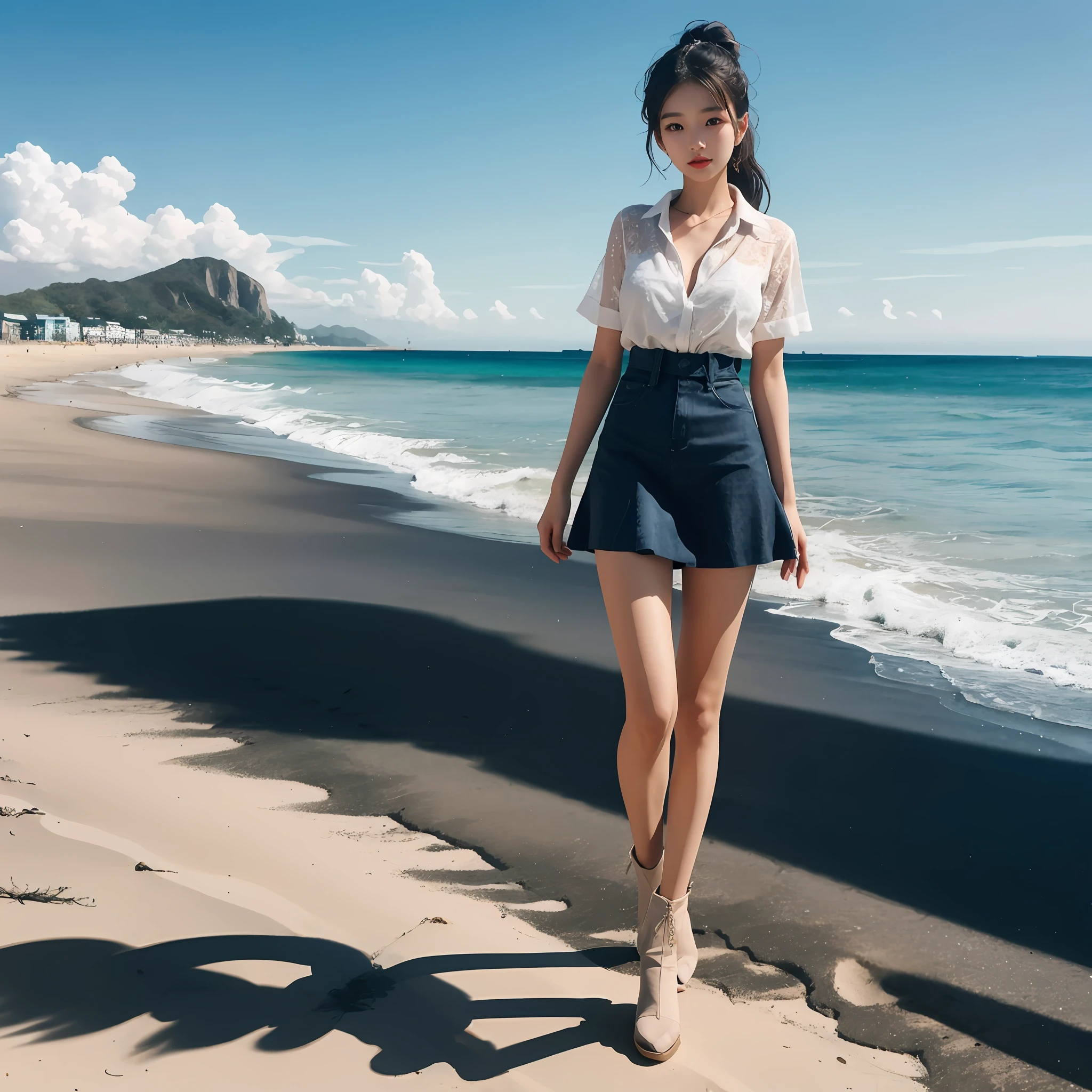 There was a woman walking on the beach wearing a hat, posing on a beach with the ocean, korean women's fashion model, Gorgeous young Korean woman, Beautiful young Korean woman, Wearing beautiful clothes, beautiful Korean women, standing at the beach, wearing elegant casual clothes, sunny day at beach, stand on sand, dressed with long fluent clothes