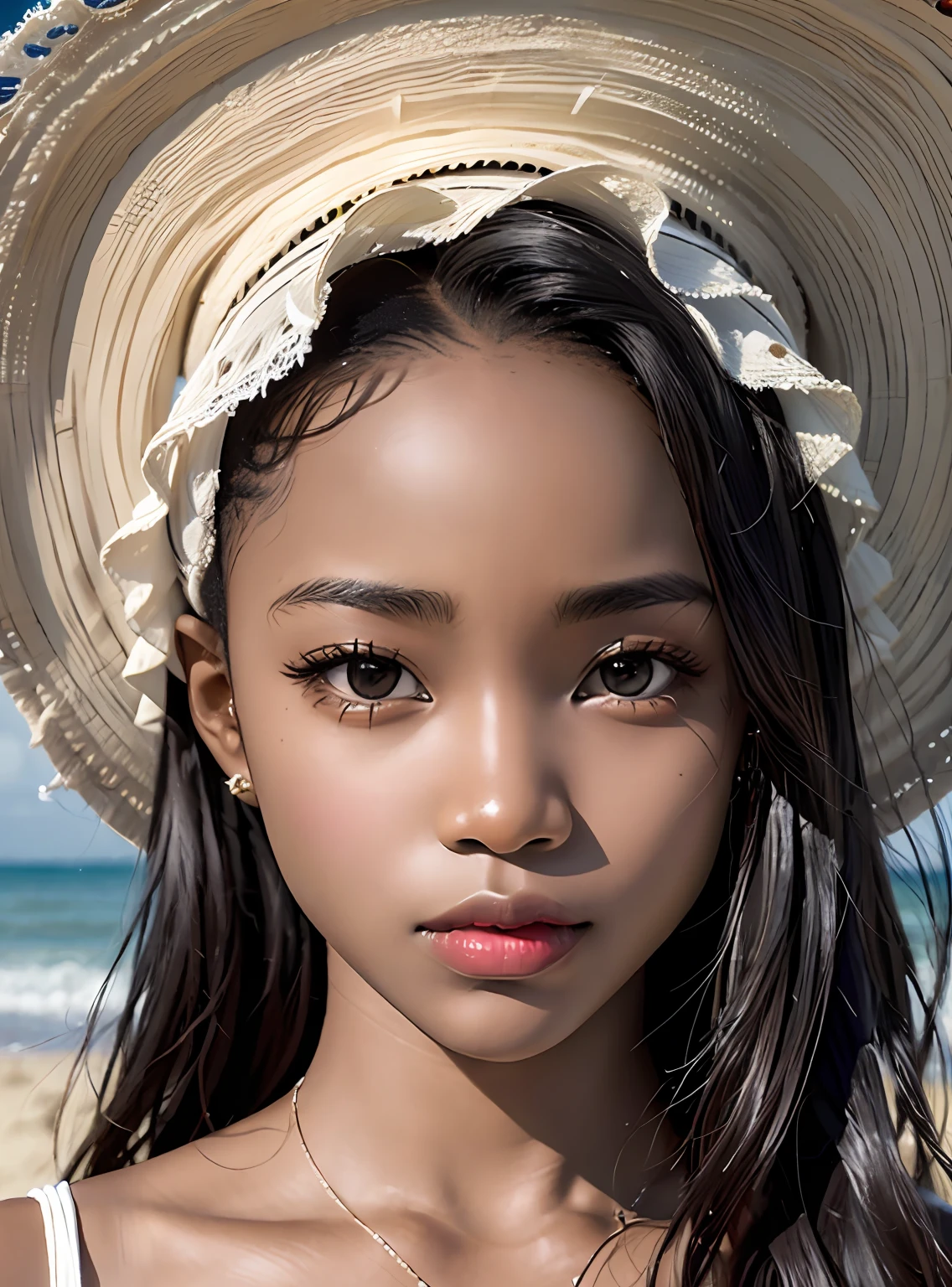 Photorealistic Beautiful black girl，African girl，Thin，Dark  skin，Wearing a dress，on  the  beach，Strong gaze，Close-up portrait surrealism