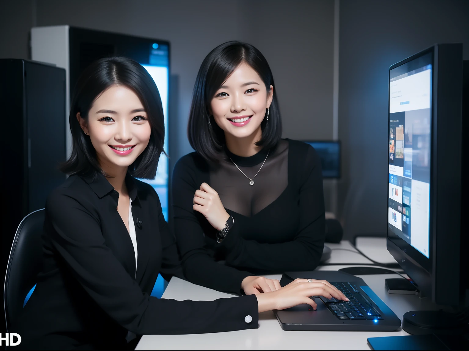 personal computers, Woman at work, Fashionable, black hair, light smile, Canon, UHD