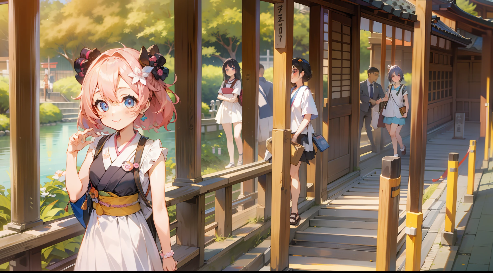 Girl turned around, clothing sample, cute, smiling, colored contacts in the eyes, accessories, full body, walking, summer, kyoto, kinkakuji