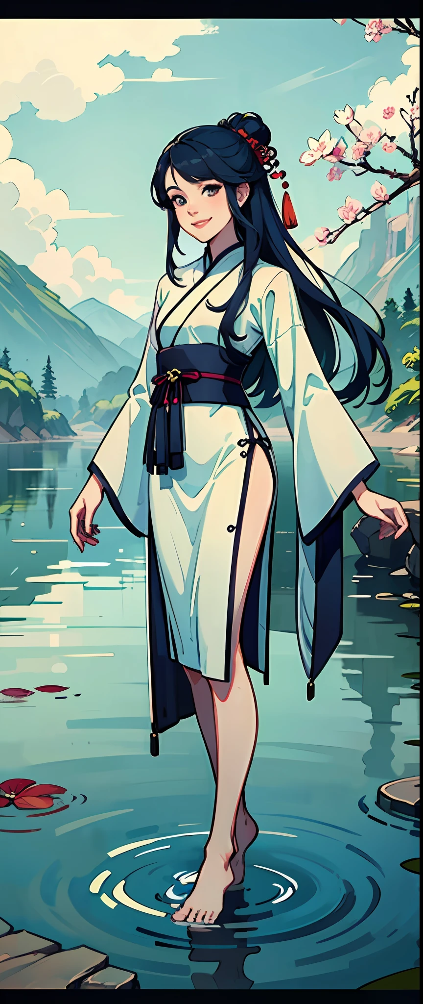 ((4k,masterpiece,best quality)), shuimobysim, traditional chinese ink painting, lotus, hanfu, maxiskit, dress conservatively 1girl, solo, long blue hair, smile, standing, feet in the water, barefoot, --auto