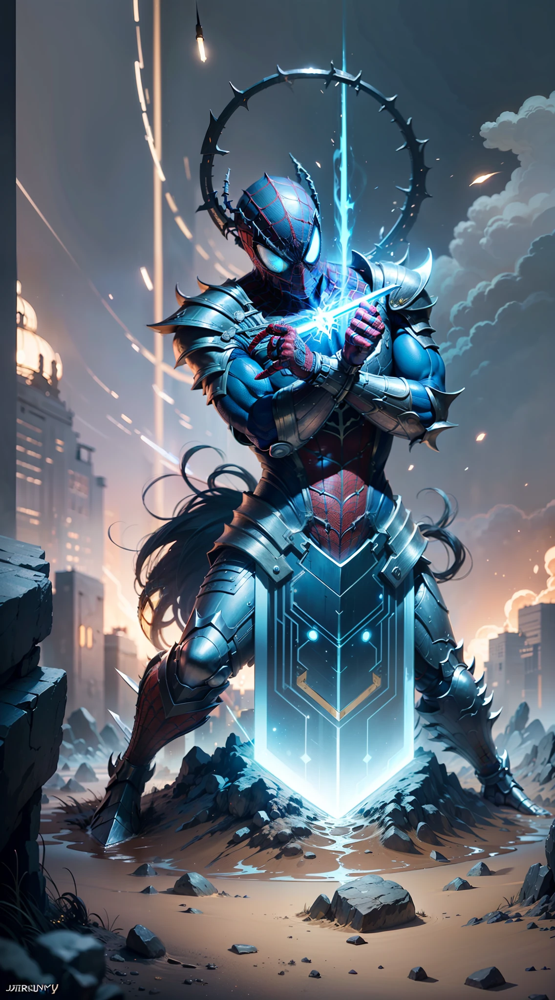 midjourny-v5 style "ANCIENT SPIDERMAN, (Best quality),(masterpiece),(ultra detailed),(high detailed),(extremely detailed),God holding a giant sword in his hands, high fantasy, cosmic, cosmic effects, big impact, 4k, dark souls, luxurious detailed character art, ultra realistic, 32k, ,luxurious cinematic colour quality, unique and mesmerizing armor.