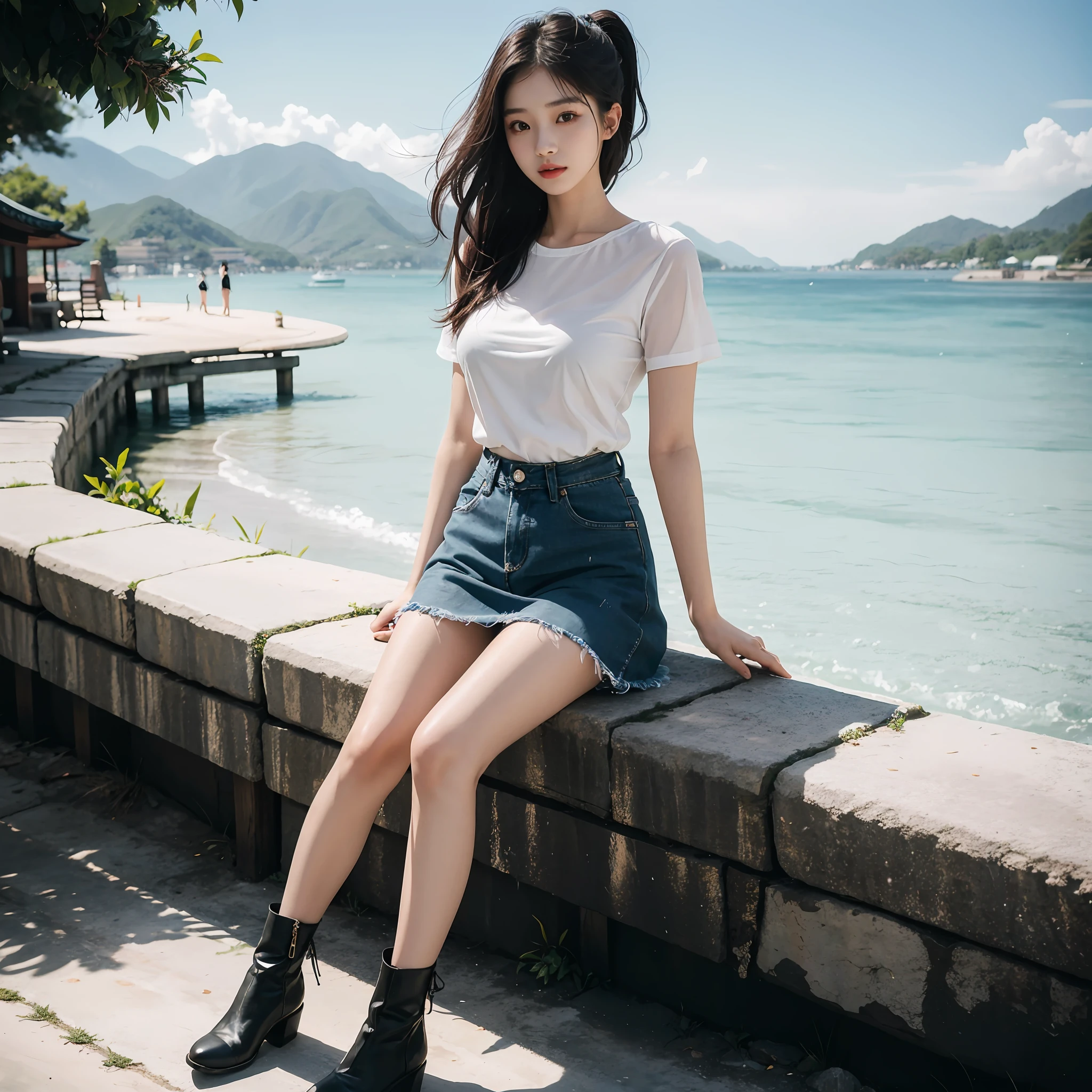 Alatei sits on a stone wall near the water, korean women's fashion model, Gorgeous young Korean woman, Korean girl, beautiful Korean women, Beautiful young Korean woman, photo of slim girl model, Beautiful Asian girl, Korean woman, Beautiful girl model, Choi Hyun-hwa, Casual pose, wearing casual cloths, Young Asian girl, Beautiful model girl