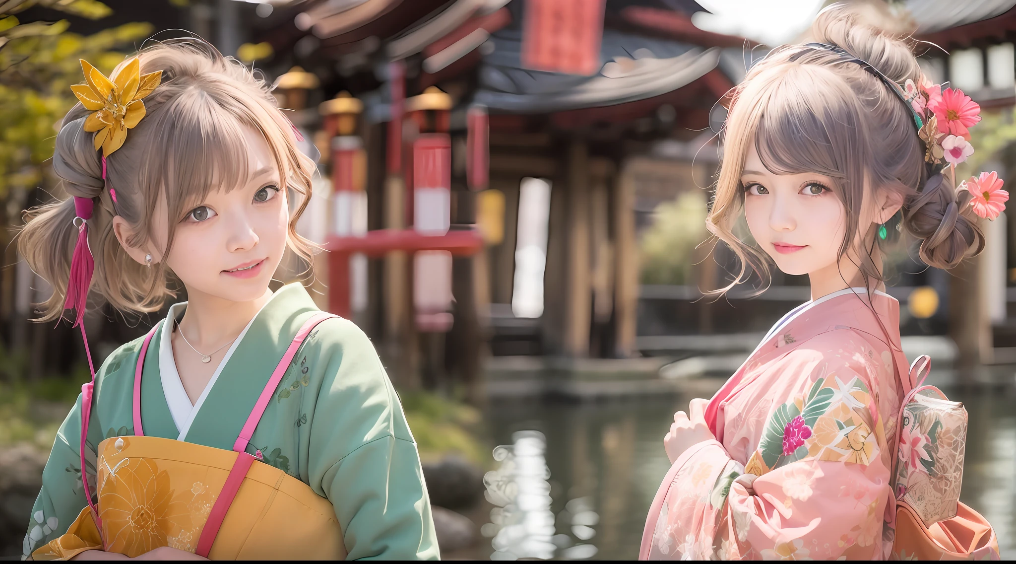 photoRealstic、The Girl Who Turned Around、Clothing product samples、kawaii、A smile、Eye color contacts、accessorized、full body Esbian、Walking、夏天、Kinkakuji Temple in Kyoto