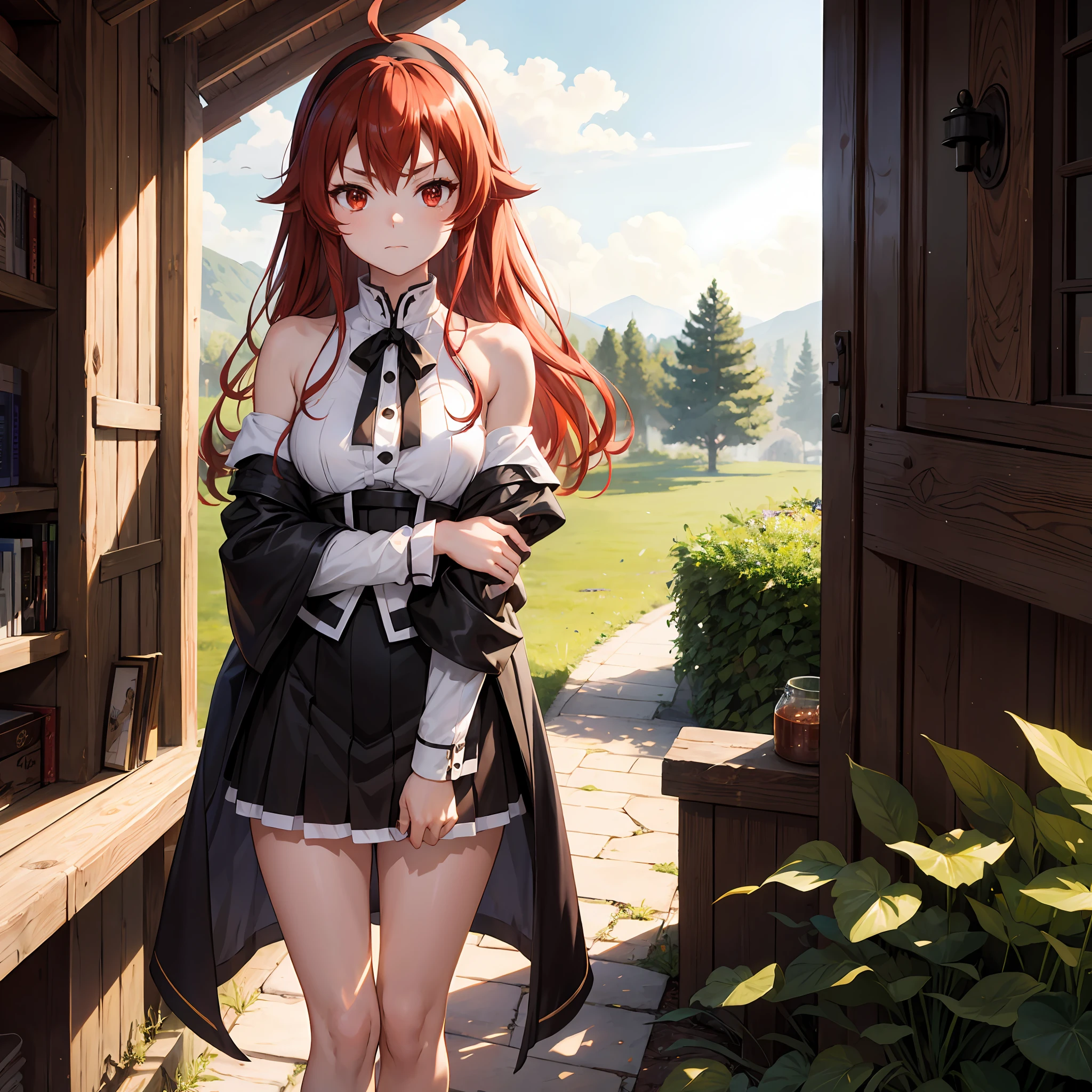 eris grayrat, 1girl, Ahoge, bangss, bare shoulders​, black hairband, Brown skirt, a closed mouth, Clothes Cutout, arms folded, hair between eye, shairband, length hair, long-sleeve, Look at viewers, red eyes, red hairs, Shoulder clippings, simple background, Black shorts,beauty legs　 独奏, Hi-Res, Harm, mushoku tensei　grass field　randome pose　small tits