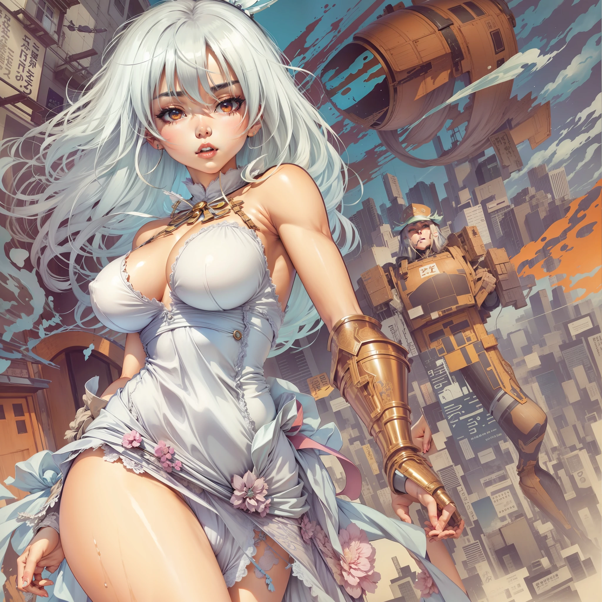 a close up of a woman in a dress with a large breast, (showing panty), full body, full color manga cover, style of masamune shirow, manga comic book cover, by Masamune Shirow, white haired deity, inspired by Masamune Shirow, doujin, japanese comic book, full color manga visual style, manga cover style, manga cover, ecchi