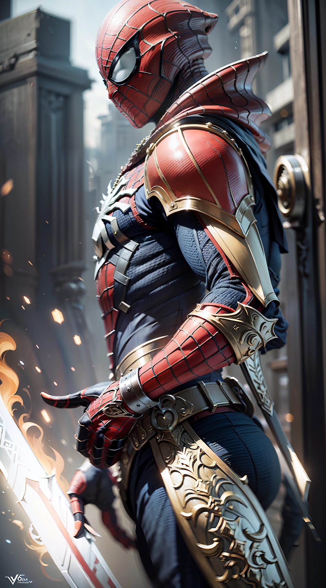 midjourny-v5 style "ANCIENT SPIDERMAN, (Best quality),(masterpiece),(ultra detailed),(high detailed),(extremely detailed),God holding a giant sword in his hands, high fantasy, cosmic, cosmic effects, big impact, 4k, dark souls, luxurious detailed character art, ultra realistic, 32k, ,luxurious cinematic colour quality, unique and mesmerizing armor.