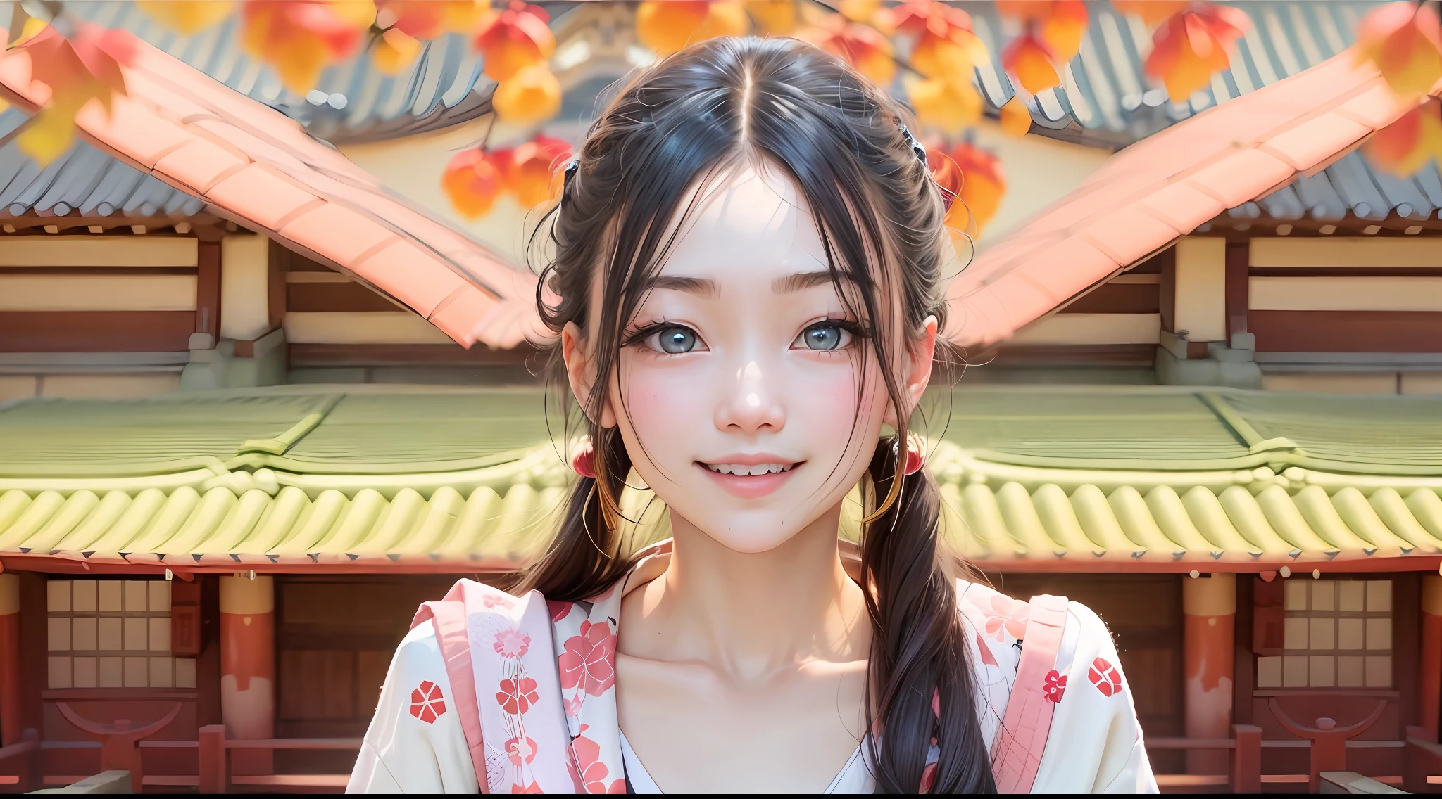 photoRealstic、The Girl Who Turned Around、Clothing product samples、kawaii、A smile、Eye Color Contacts、accessorized、full body Esbian、Walking、夏天、Kinkakuji Temple in Kyoto