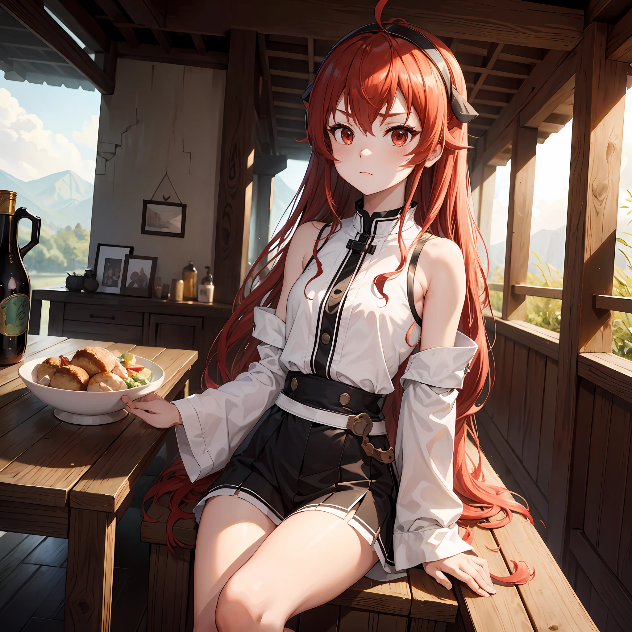 eris grayrat, 1girl, Ahoge, bangss, bare shoulders, black hairband, Brown skirt, a closed mouth, Clothes Cutout, arms folded, hair between eye, shairband, length hair, long-sleeve, Look at viewers, red eyes, red hairs, Shoulder clippings, simple background, Black shorts,beauty legs 独奏, Hi-Res, Harm, mushoku tensei grass field randome pose small tits 15yo student small stature
