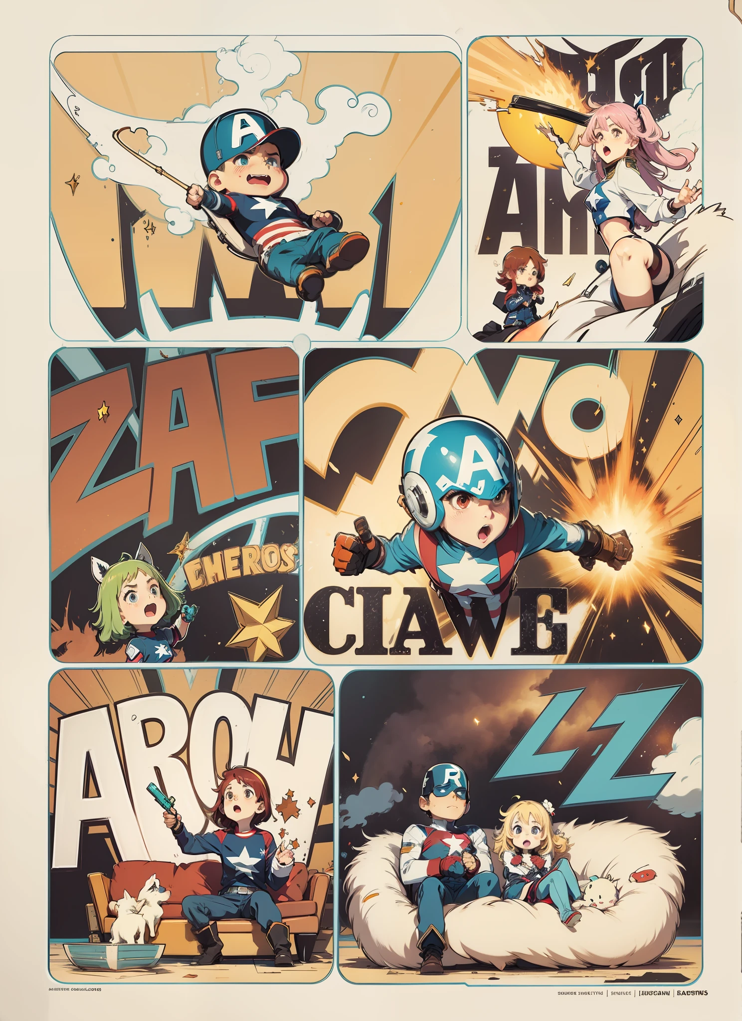 Captain America and his girlfriend sitting on the couch ,cores vibrante, realce de cores, anime quadrinhos, Ultra Detalhado,b2