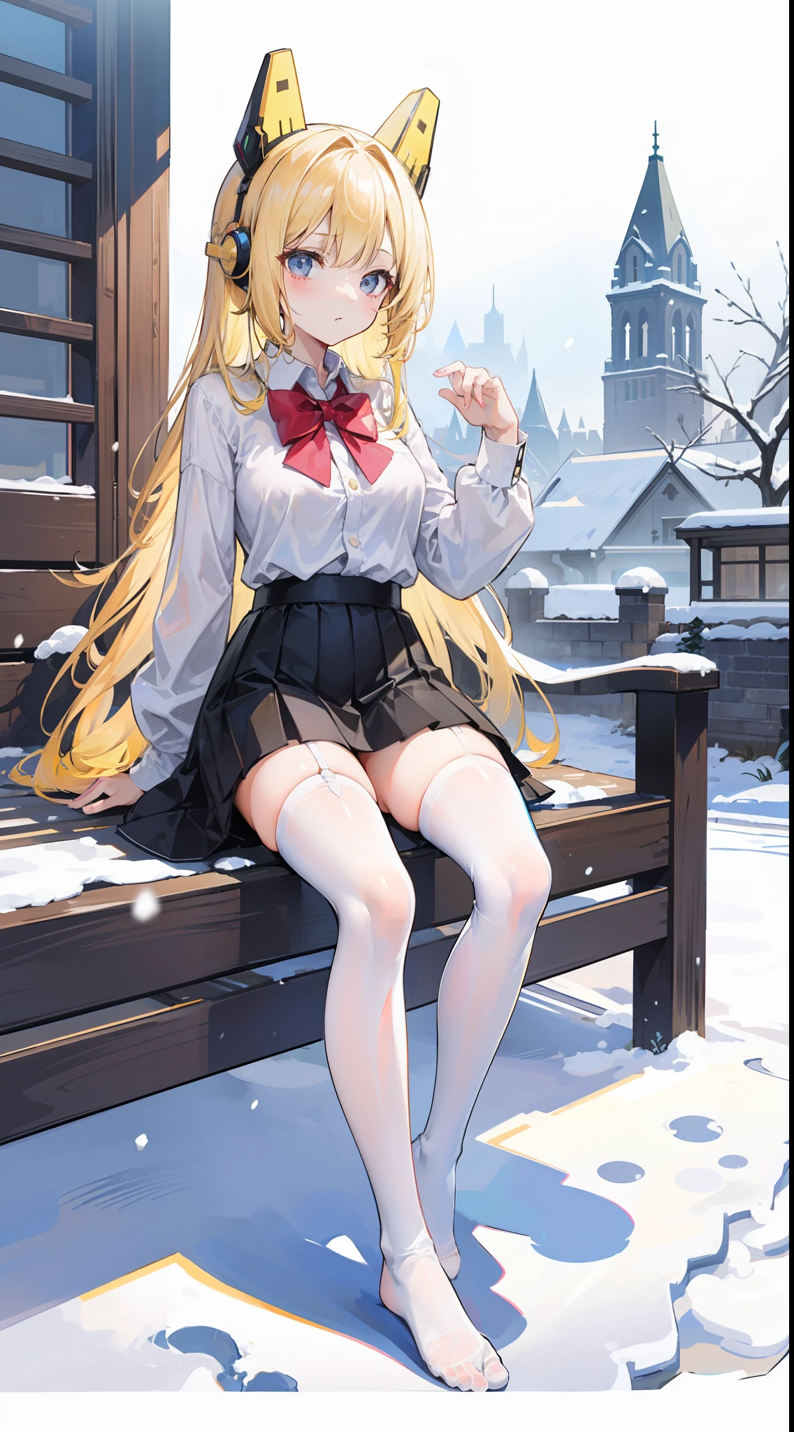 Masterpiece((tmasterpiece)),((White mini-short shirt)),((black micro skirt)),((White transparent stockings)),(No shoes on),adolable,Raised sexy,is shy,(Long yellow)Hair,red bowtie,(head gear),long leges,head gear,snow landscape