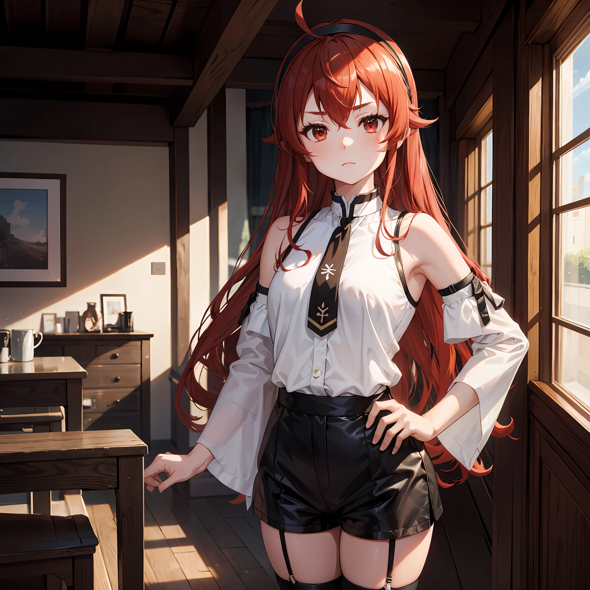 eris grayrat, 1girl, Ahoge, bangss, bare shoulders​, black hairband, Brown skirt, a closed mouth, Clothes Cutout, arms folded, hair between eye, shairband, length hair, long-sleeve, Look at viewers, red eyes, red hairs, Shoulder clippings, simple background, Black shorts,beauty legs　 独奏, Hi-Res, Harm, mushoku tensei　grass field　randome pose　small tits　 student　small stature