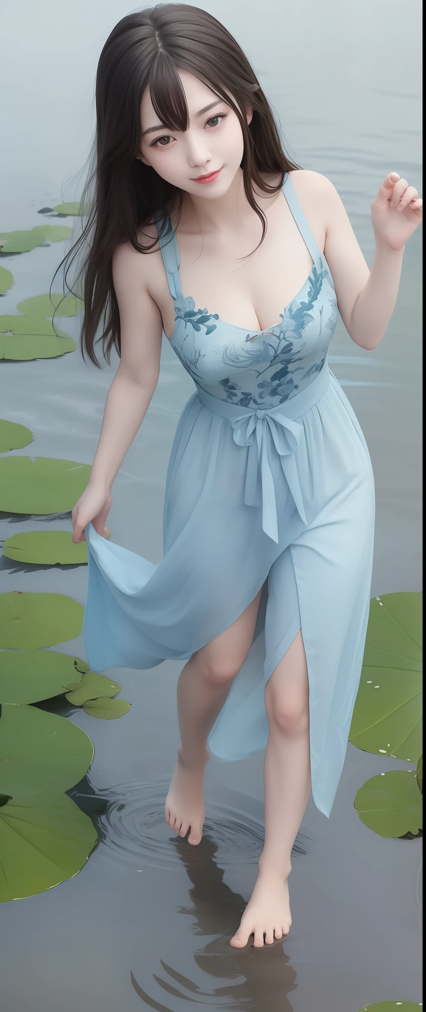 ((4k,masterpiece,best quality)), shuimobysim, traditional chinese ink painting, lotus, hanfu, maxiskit, dress conservatively 1girl, solo, long blue hair, smile, standing, feet in the water, barefoot,