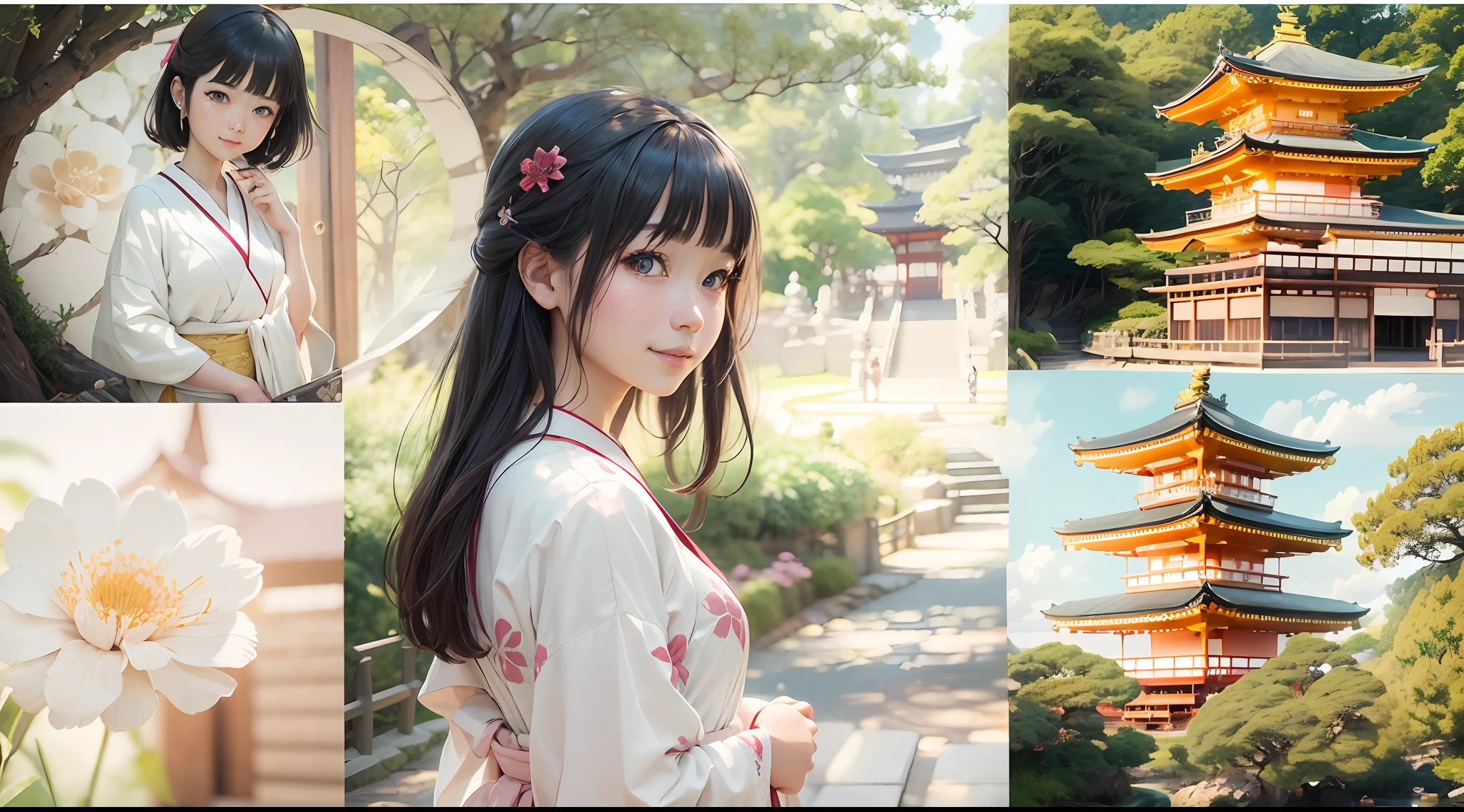 photoRealstic、The Girl Who Turned Around、Clothing product samples、kawaii、A smile、Eye Color Contacts、accessorized、full body Esbian、Walking、夏天、Kinkakuji Temple in Kyoto