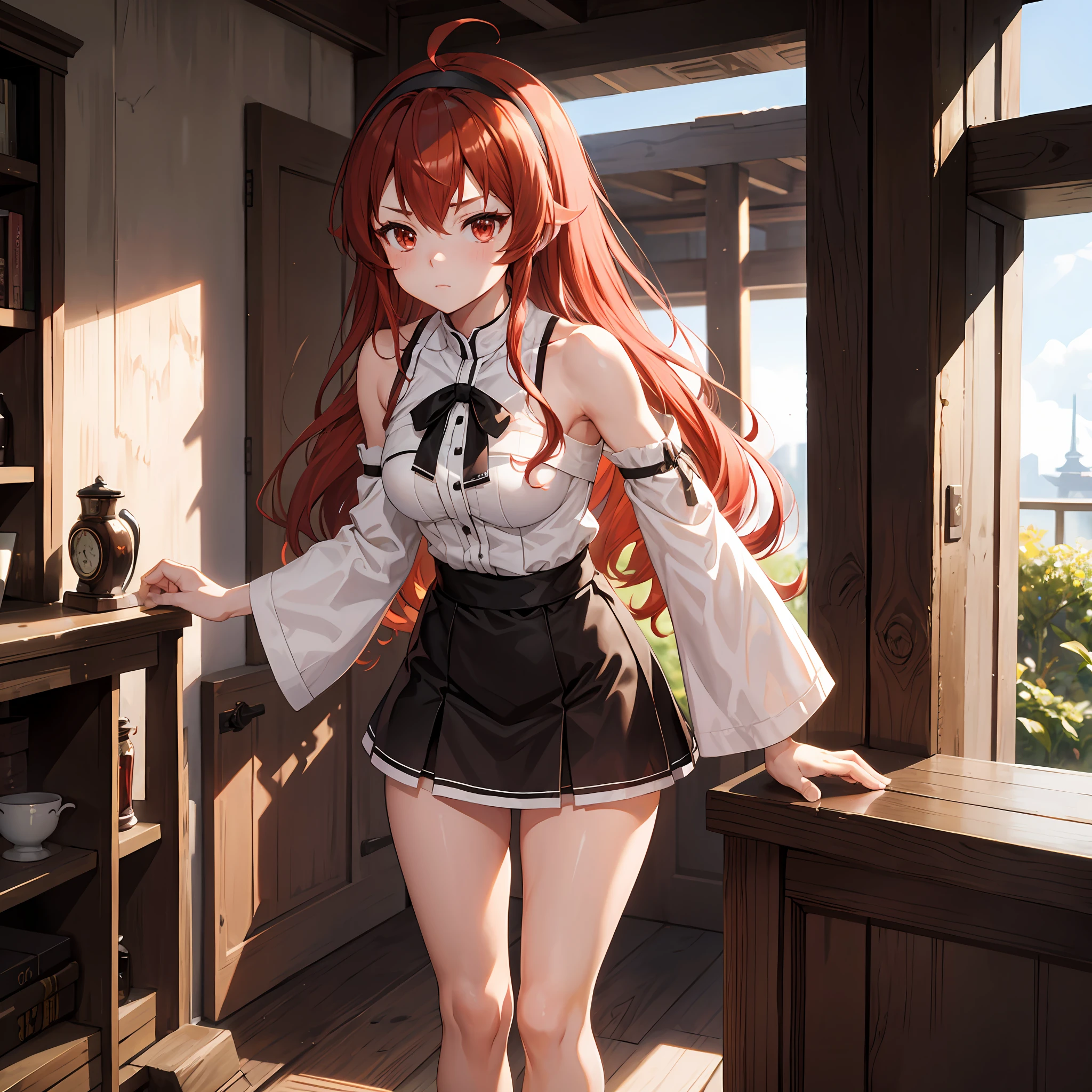 Liss Greyrat, 1girl, Ahoge, bangss, bare shoulders​, black hairband, Brown skirt, a closed mouth, Clothes Cutout, arms folded, hair between eye, shairband, length hair, long-sleeve, Look at viewers, red eyes, red hairs, Shoulder clippings, simple background, Black shorts,beauty legs　 独奏, Hi-Res, Harm, mushoku tensei　grass field　randome pose　small tits　**** student　small stature