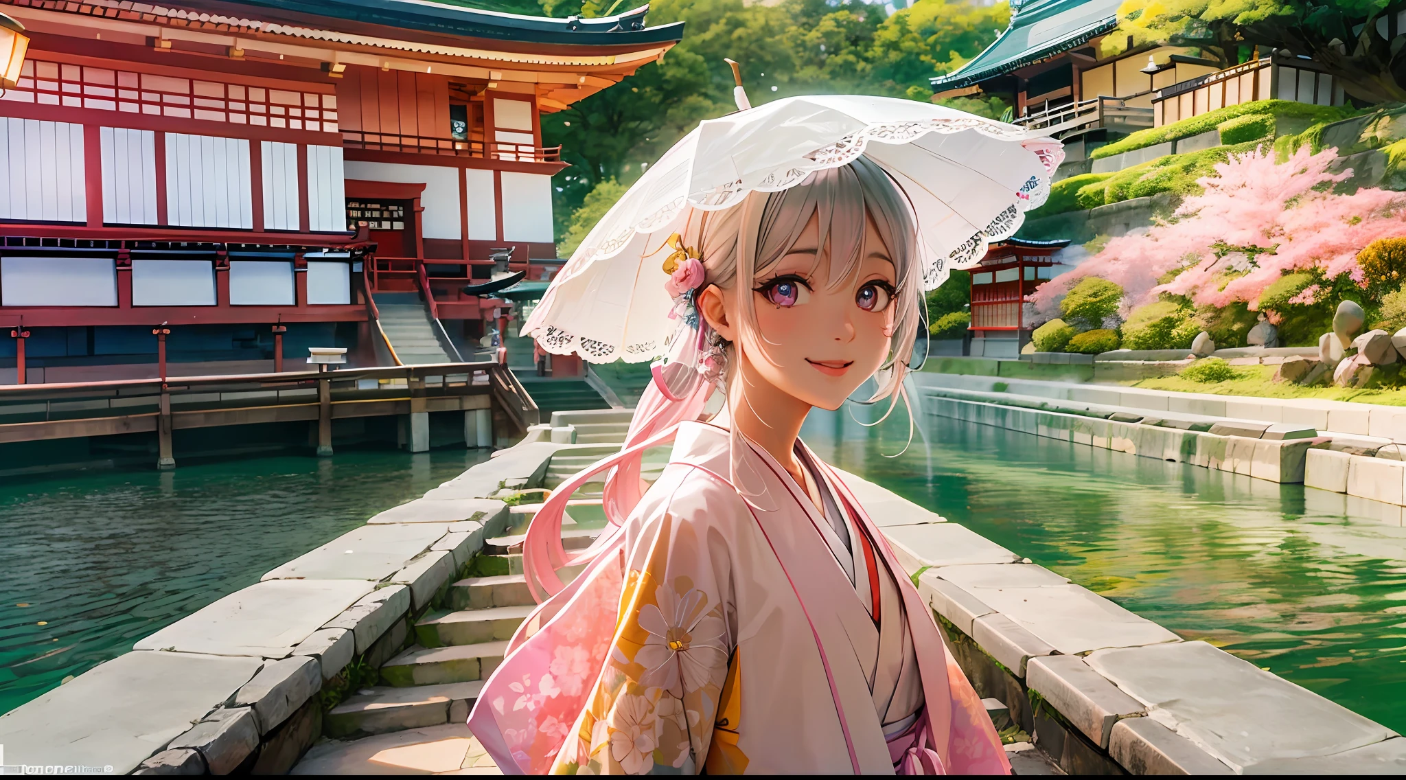 photoRealstic、The Girl Who Turned Around、Clothing product samples、kawaii、A smile、Eye Color Contacts、accessorized、full body Esbian、Walking、夏天、Kinkakuji Temple in Kyoto