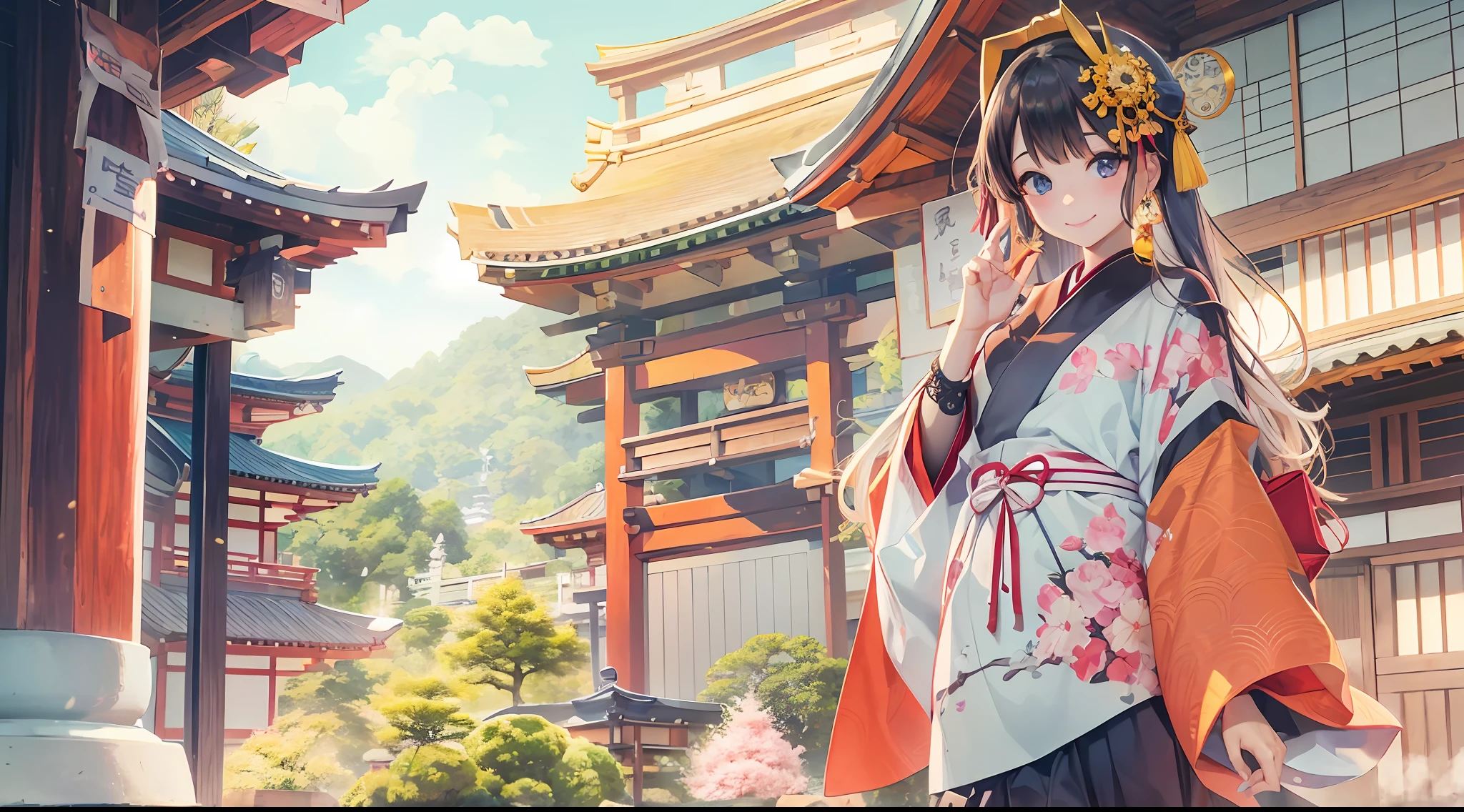 photoRealstic、The Girl Who Turned Around、Clothing product samples、kawaii、A smile、Eye Color Contacts、accessorized、full body Esbian、Walking、夏天、Kinkakuji Temple in Kyoto