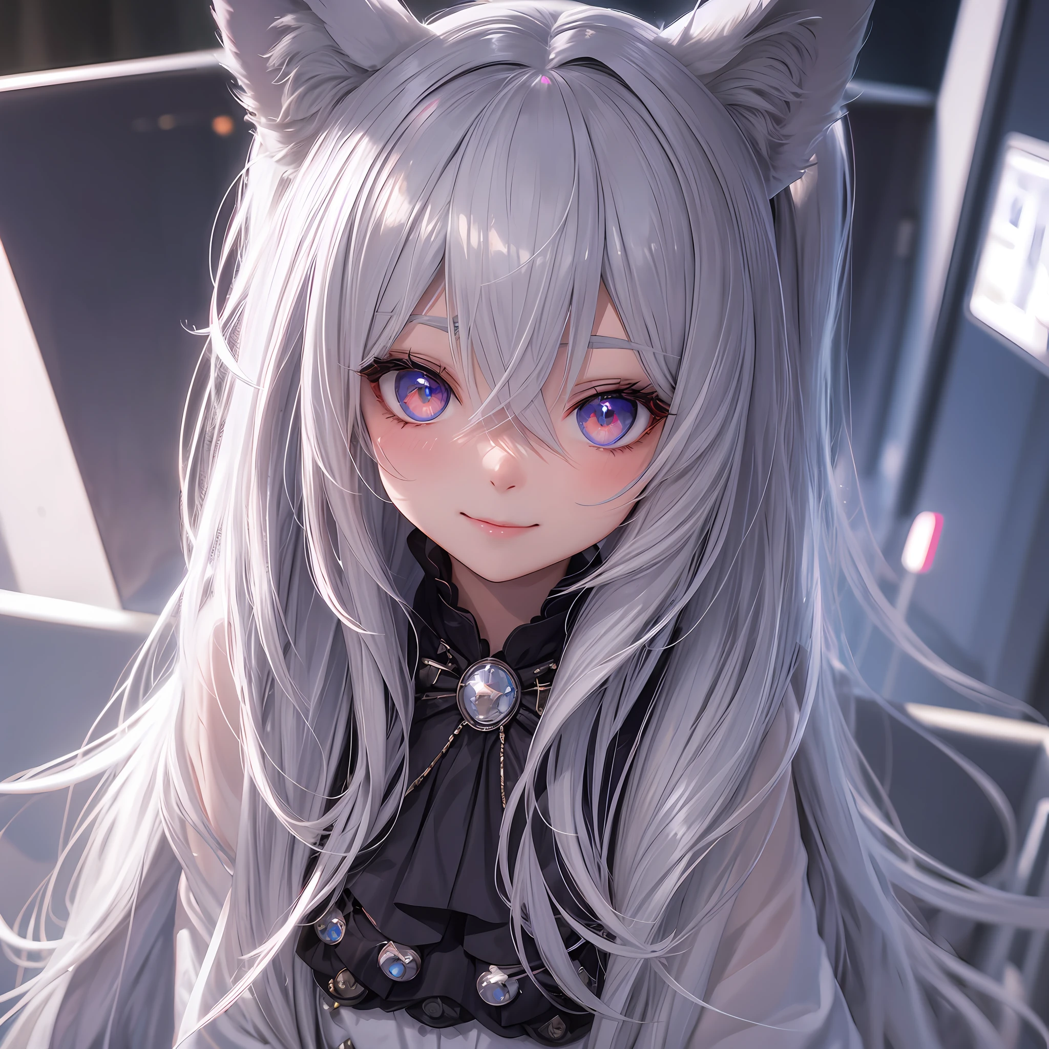 hair bobbles, longeyelashes, solid circle eyes, fake animal ears, light smile, ear blush, fang, silver hair, hair strand, Surrealism, drop shadow, anaglyph, stereogram, tachi-e, pov, atmospheric perspective, high detail, cinematic lighting, 8k, super detail, ccurate, best quality, highres, masterpiece --auto