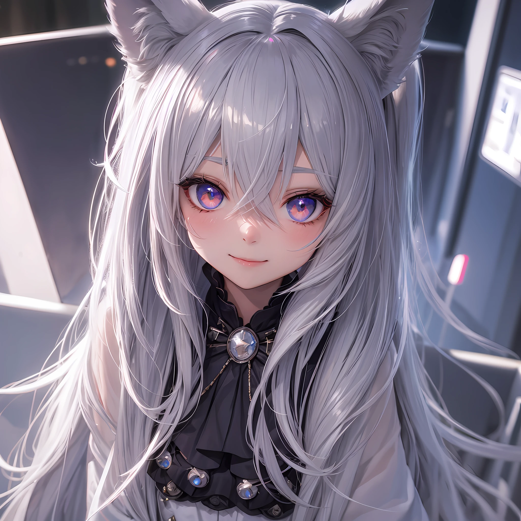 hair bobbles, longeyelashes, solid circle eyes, fake animal ears, light smile, ear blush, fang, silver hair, hair strand, Surrealism, drop shadow, anaglyph, stereogram, tachi-e, pov, atmospheric perspective, high detail, cinematic lighting, 8k, super detail, ccurate, best quality, highres, masterpiece --auto