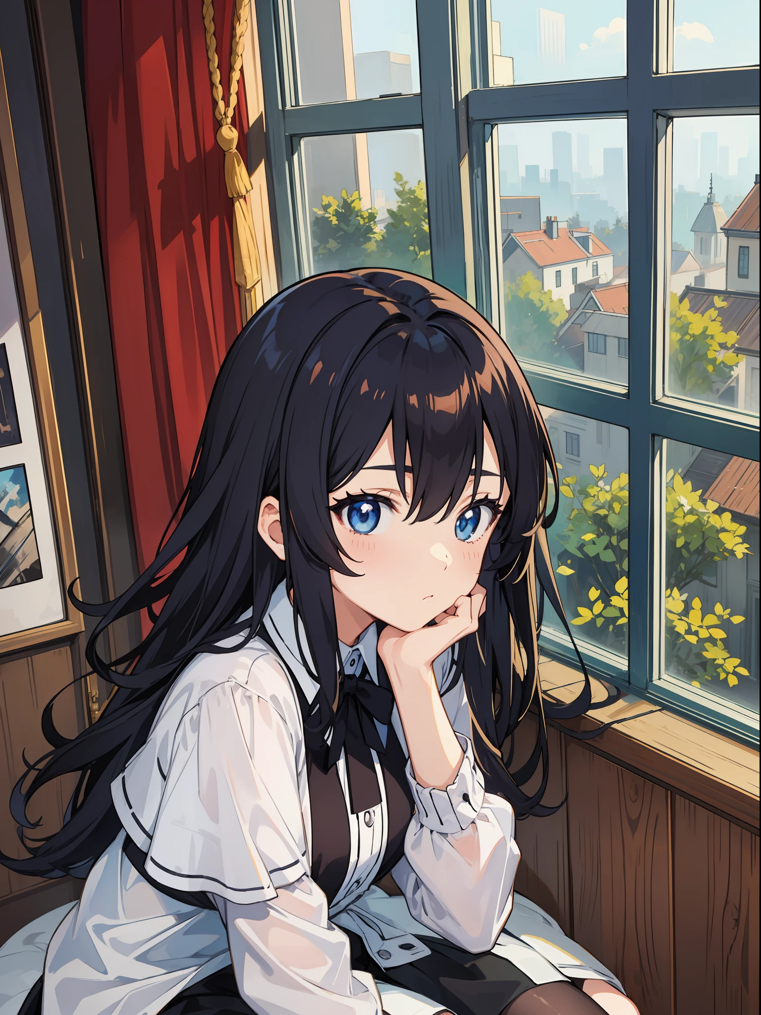 tmasterpiece, High picture quality, style of anime, Girl by the window, Look out the window, whaite hair, blackstockings, eBlue eyes。
