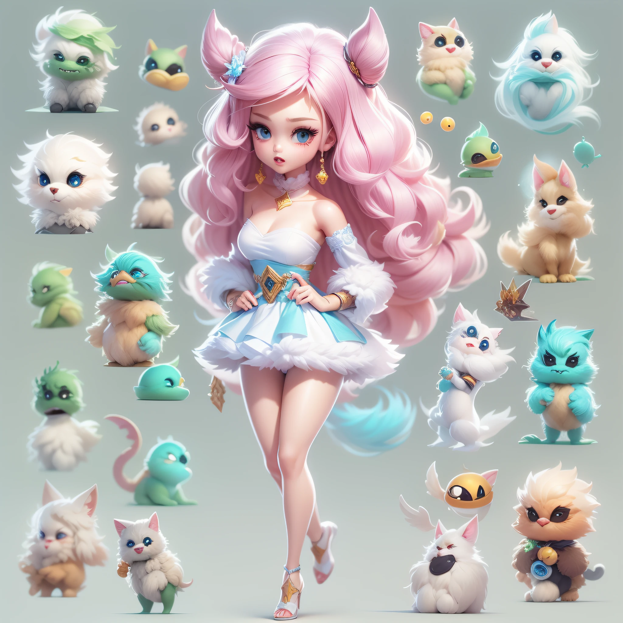 Masterpiece,High Quality,High resolution,The highest resolution,White background,solid color background,transparent background,no background,remove background,Complicated details,Highest quality,game icon,game icon institute,cartoon_style,full body,Cute Fluffy Barbie Monster,all separated