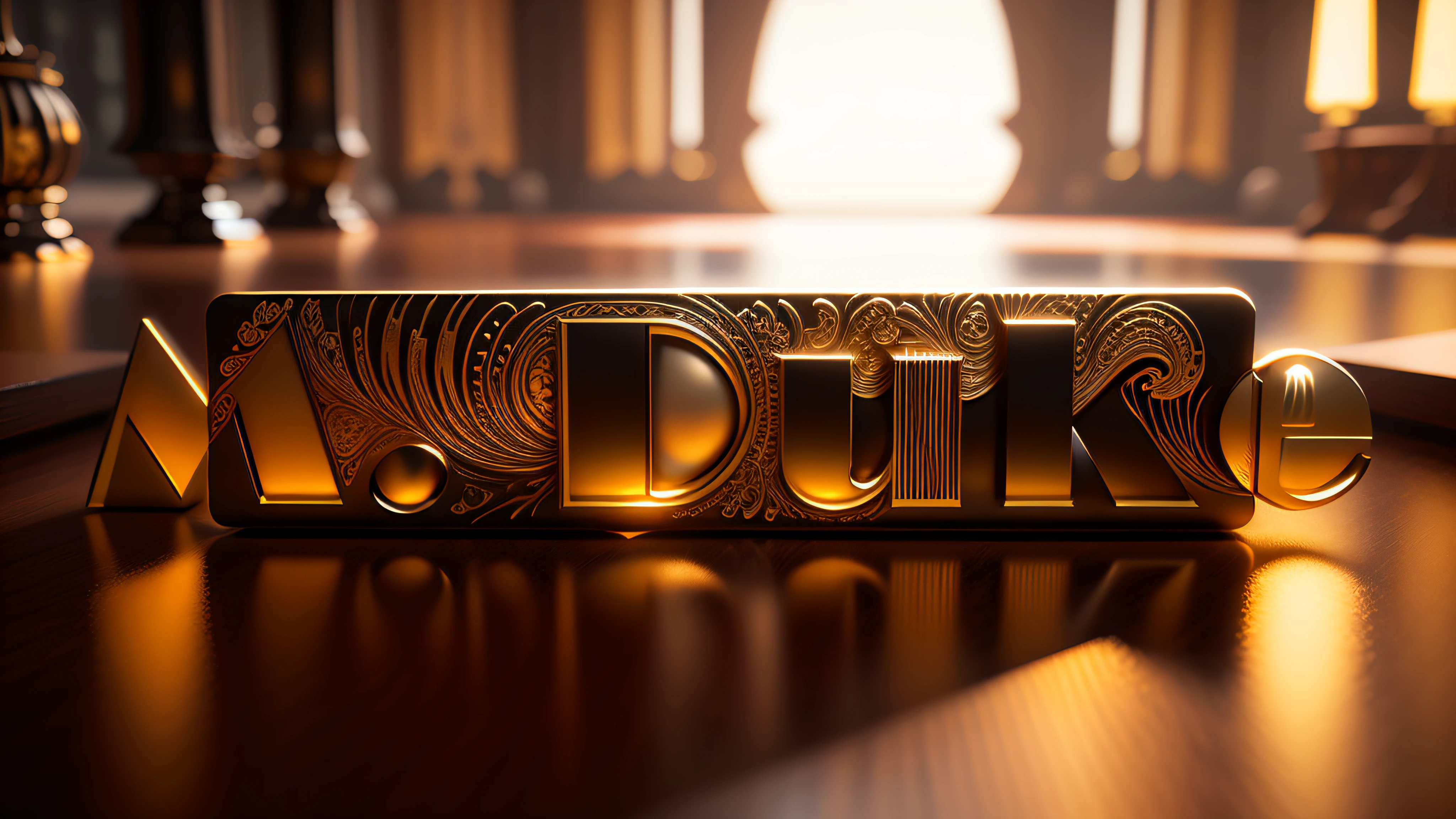 Luxury logo with the title M. Duque, 3D-rendering, 8k, NVIDIA, ray-traced, Bokeh, Fulgurar, luz e sombras realistas,
