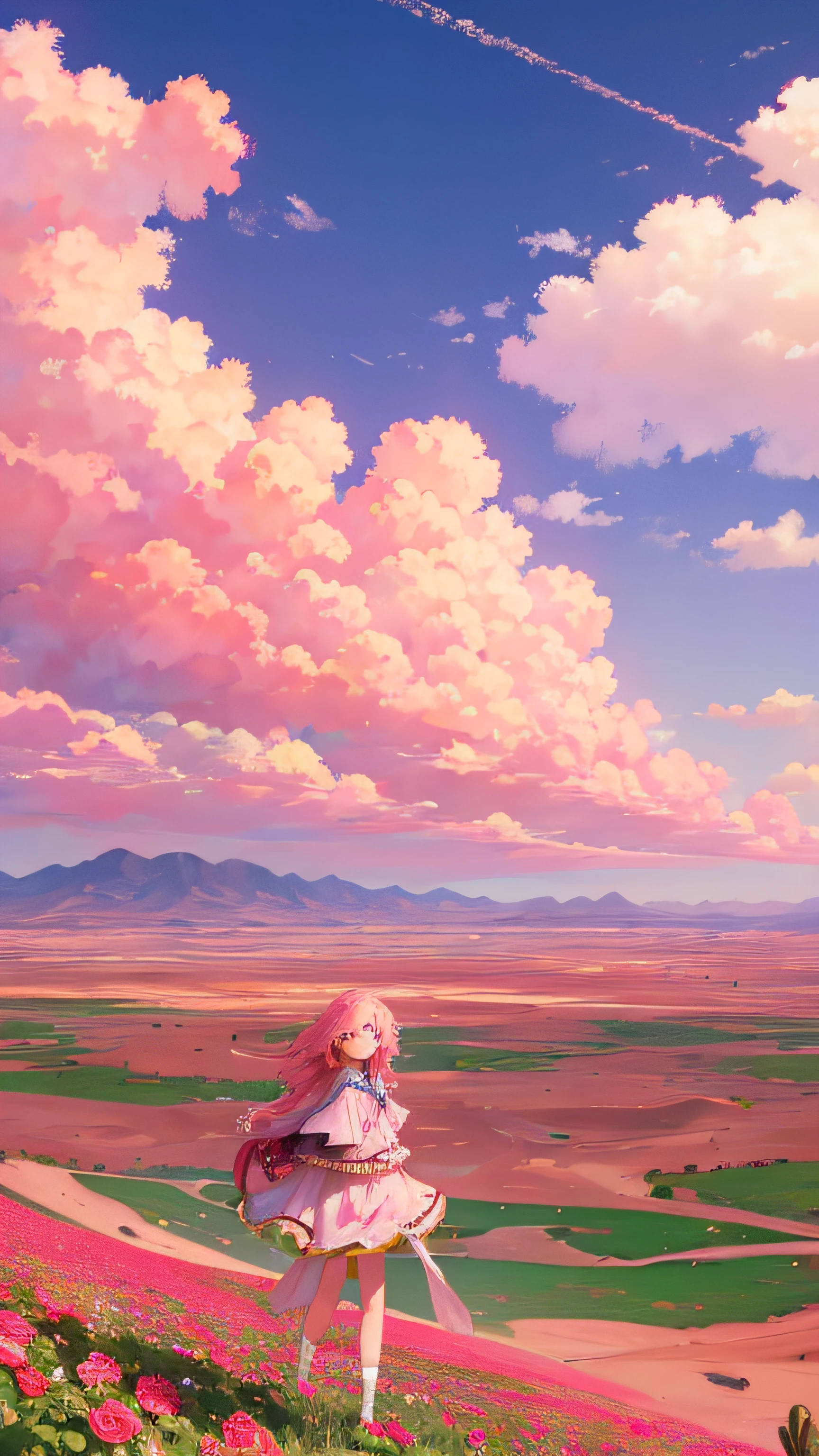 Summer, desert, pink clouds, a land overgrown with roses stands beautiful girl, James Gurney, art station rendered, ultra-wide lens, high definition