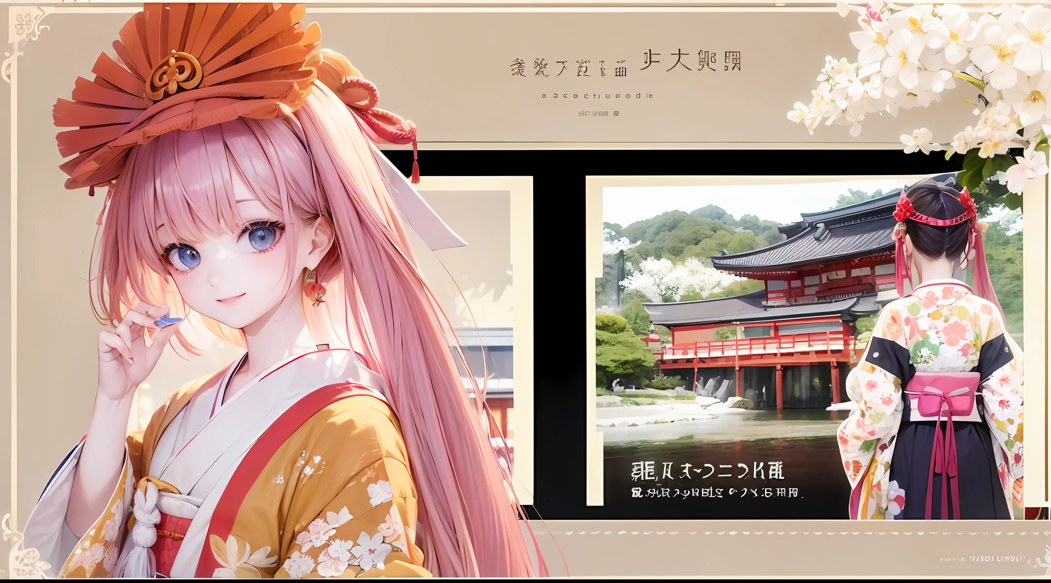 photoRealstic、The Girl Who Turned Around、Clothing product samples、kawaii、A smile、Eye Color Contacts、accessorized、full body Esbian、Walking、夏天、Kinkakuji Temple in Kyoto