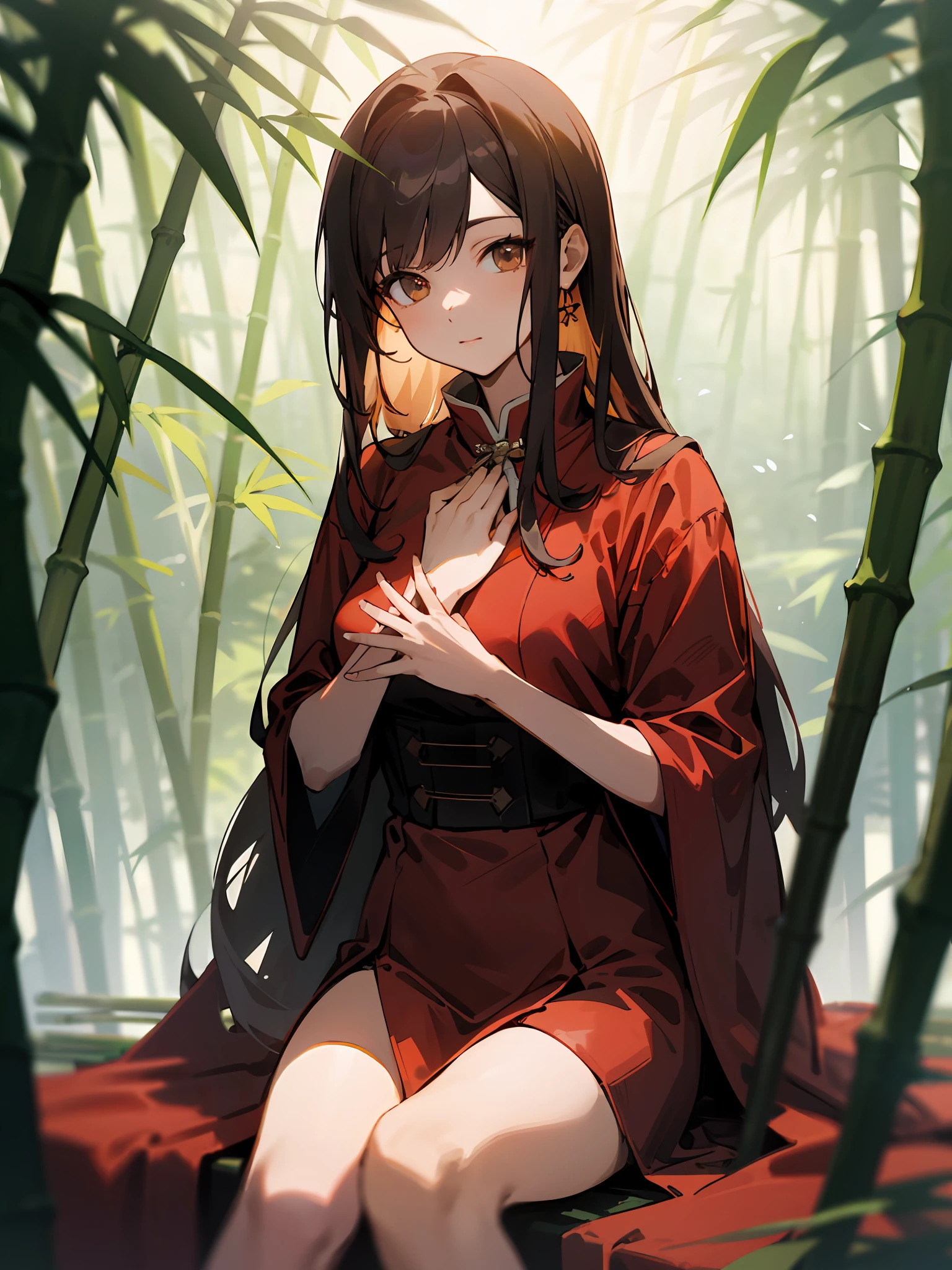 （tmasterpiece，best qualtiy），1 long brunette sexy girl sitting in bamboo forest with flowers and grass greenery，Her hands were on her chest，warmly lit，Red period costume，Blurred foreground