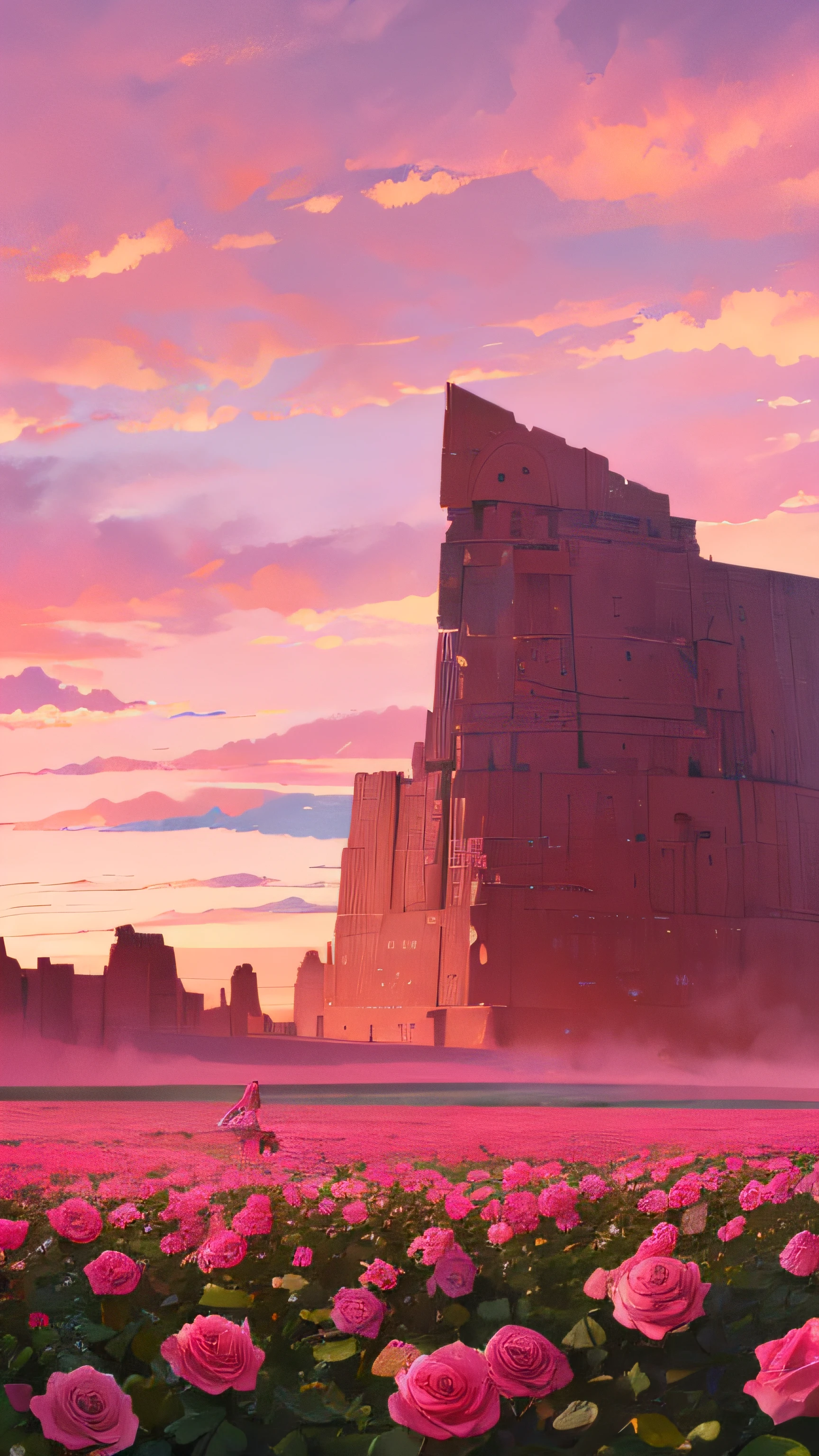 Summer, desert, pink clouds, a land overgrown with roses stands beautiful girl, James Gurney, art station rendered, ultra-wide lens, high definition