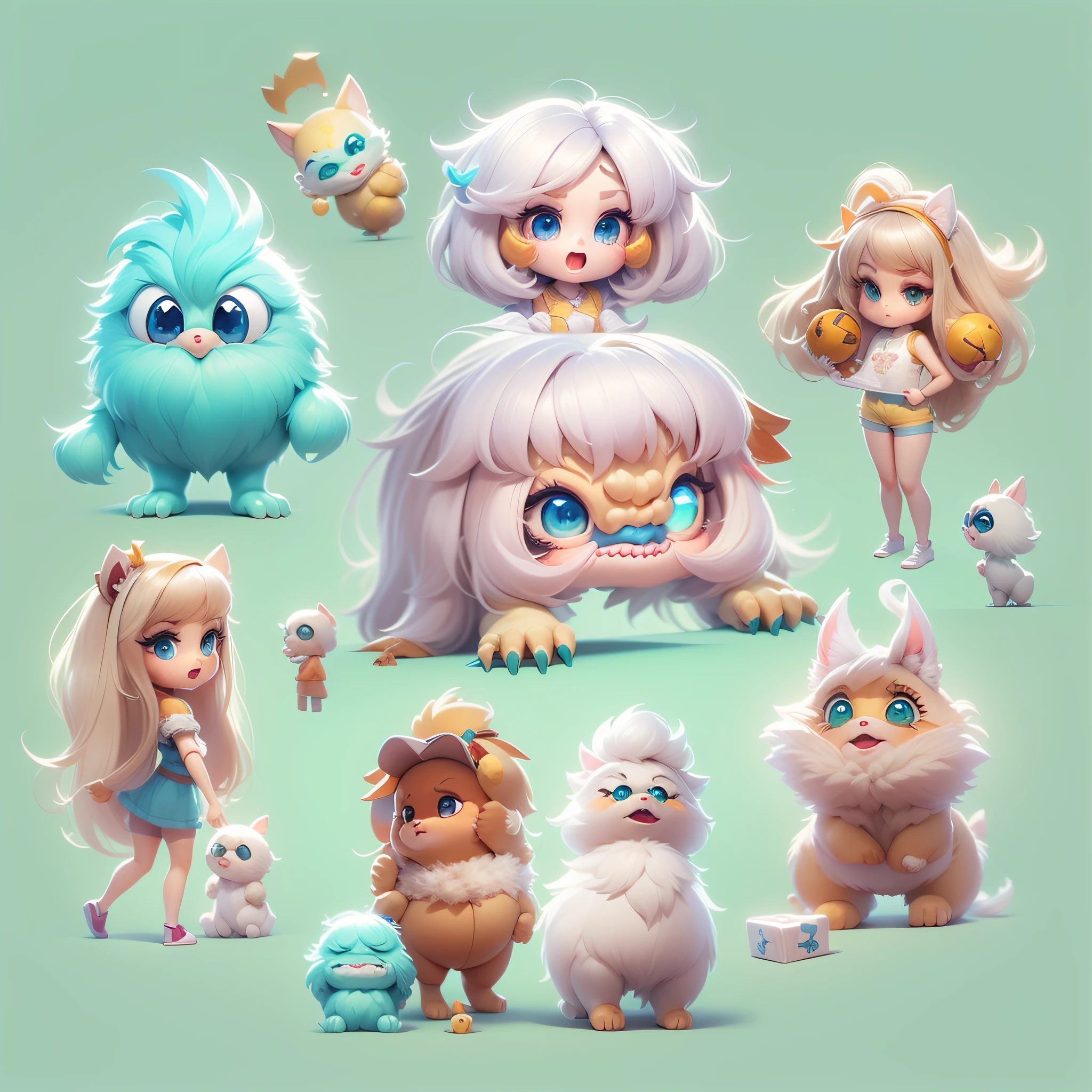 Masterpiece,High Quality,High resolution,The highest resolution,White background,solid color background,transparent background,no background,remove background,Complicated details,Highest quality,game icon,game icon institute,cartoon_style,full body,Cute Fluffy Barbie Monster,all separated