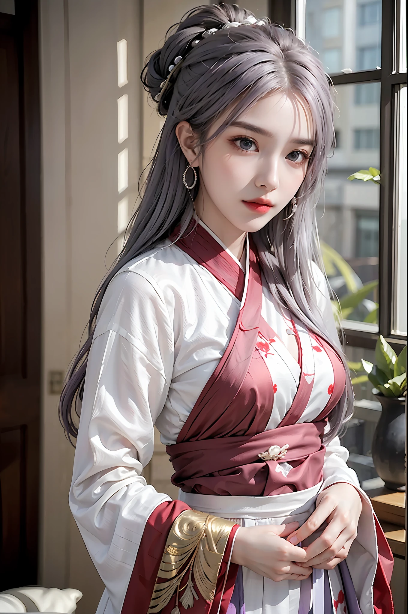 photorealistic, high resolution, 1 girl, hips up, beautiful eyes, light purple hair, intricate brocade hanfu, gorgeous accessories, wearing pearl earrings, red clothes