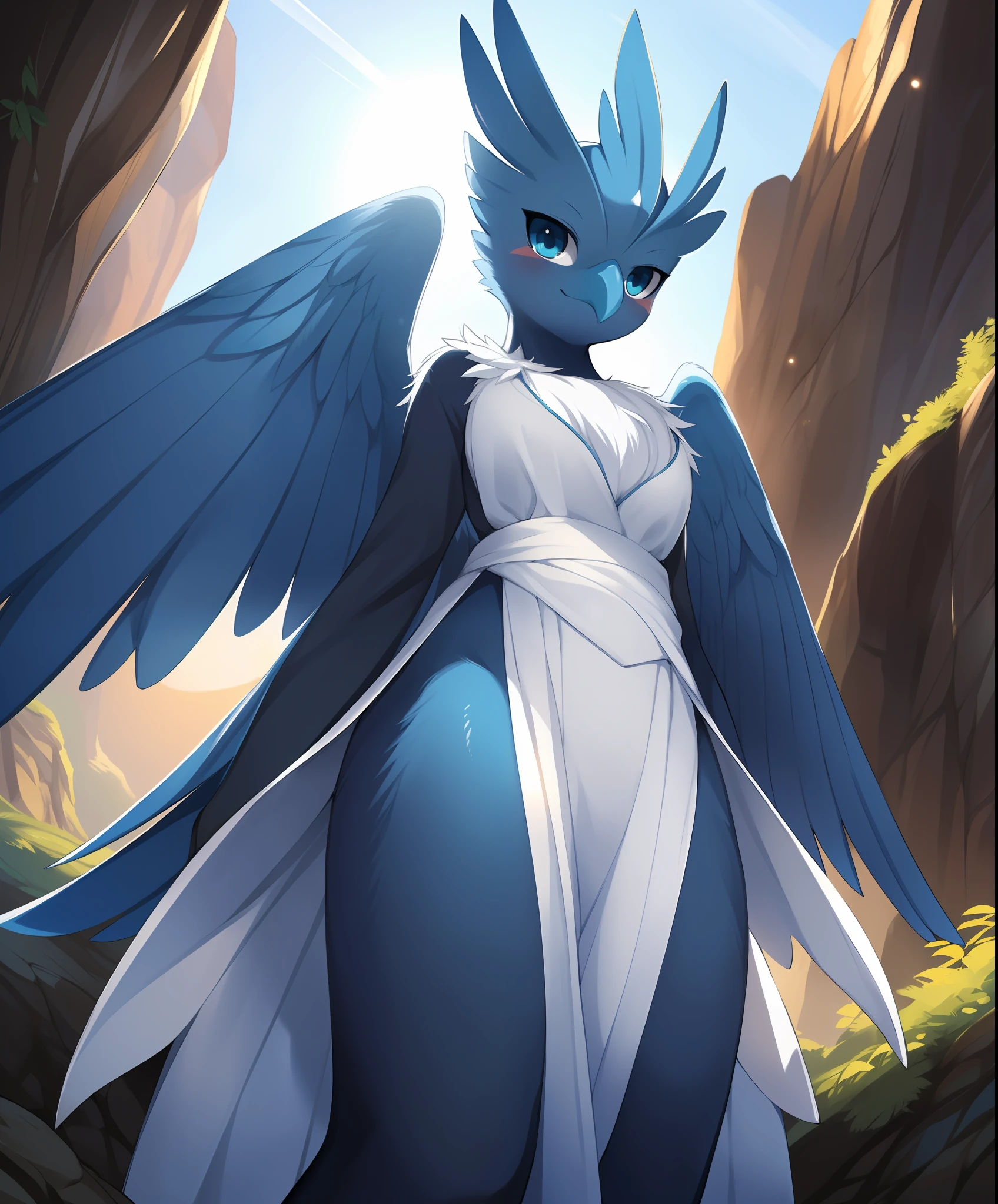 uploaded on e621, ((by Ricegnat, by Bebebebebe, by Prrrrrrmine, by Dagasi)), solo female (cyan avian Articuno) with (((dark blue and white body))) and ((blue beak)) and ((clear navy blue eyes)) and (chest fur tuft) and ((blue wings)), (detailed [avian] Articuno), ((detailed fluffy feathers)), ((three-quarter portrait, low-angle view, looking at viewer)), BREAK (standing at andes with reflection on dusk), (detailed background, depth of field, half body shadow, sunlight, ambient light on the body), (intricate:1), (high detail:1.2), (unreal engine:1.3), (sharp focus:1.1), (masterpiece, best quality, 4k, 2k, shaded, absurd res)