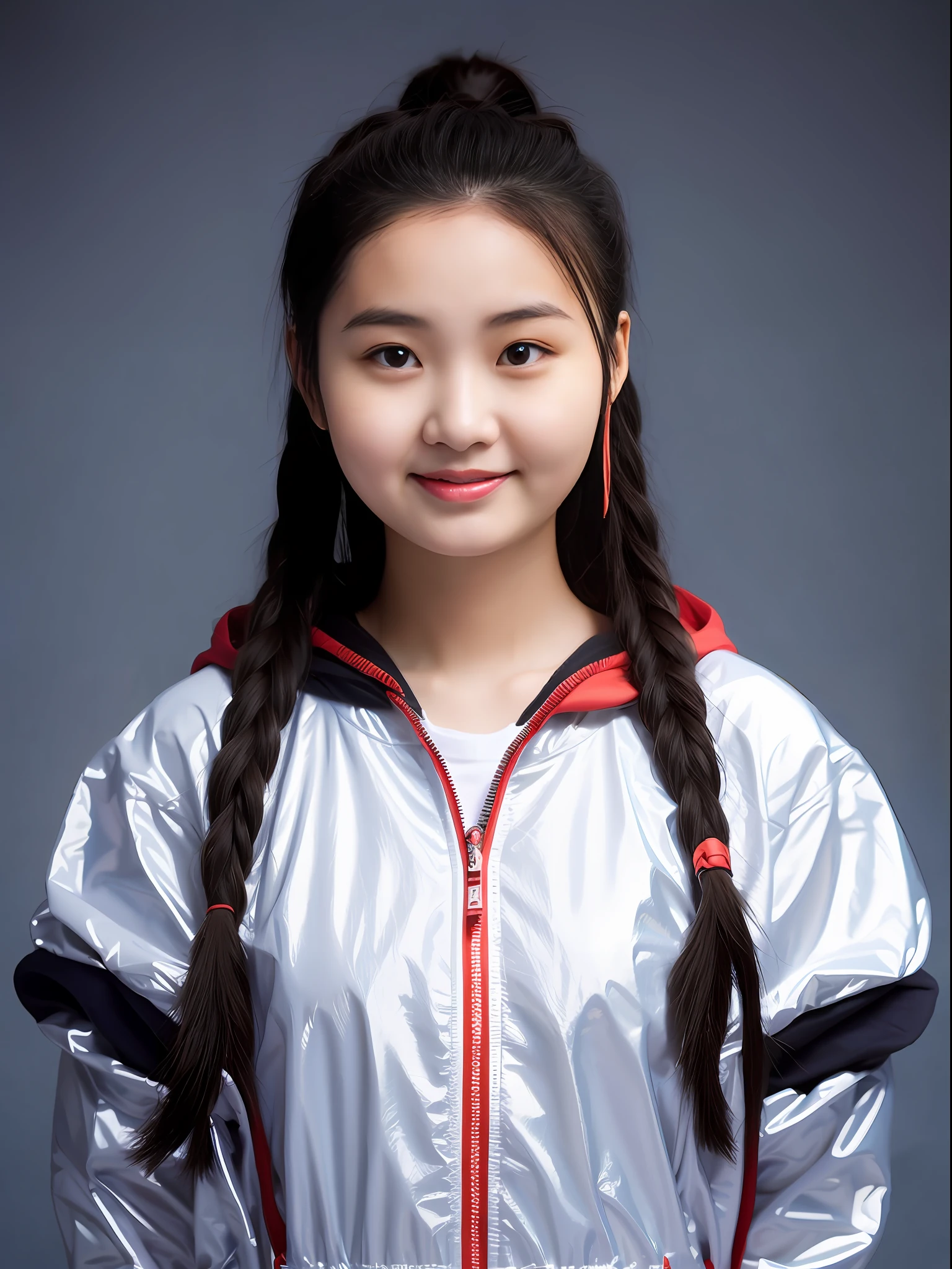 A 16-year-old Chinese female high school student,Wear a PVC red sweatshirt