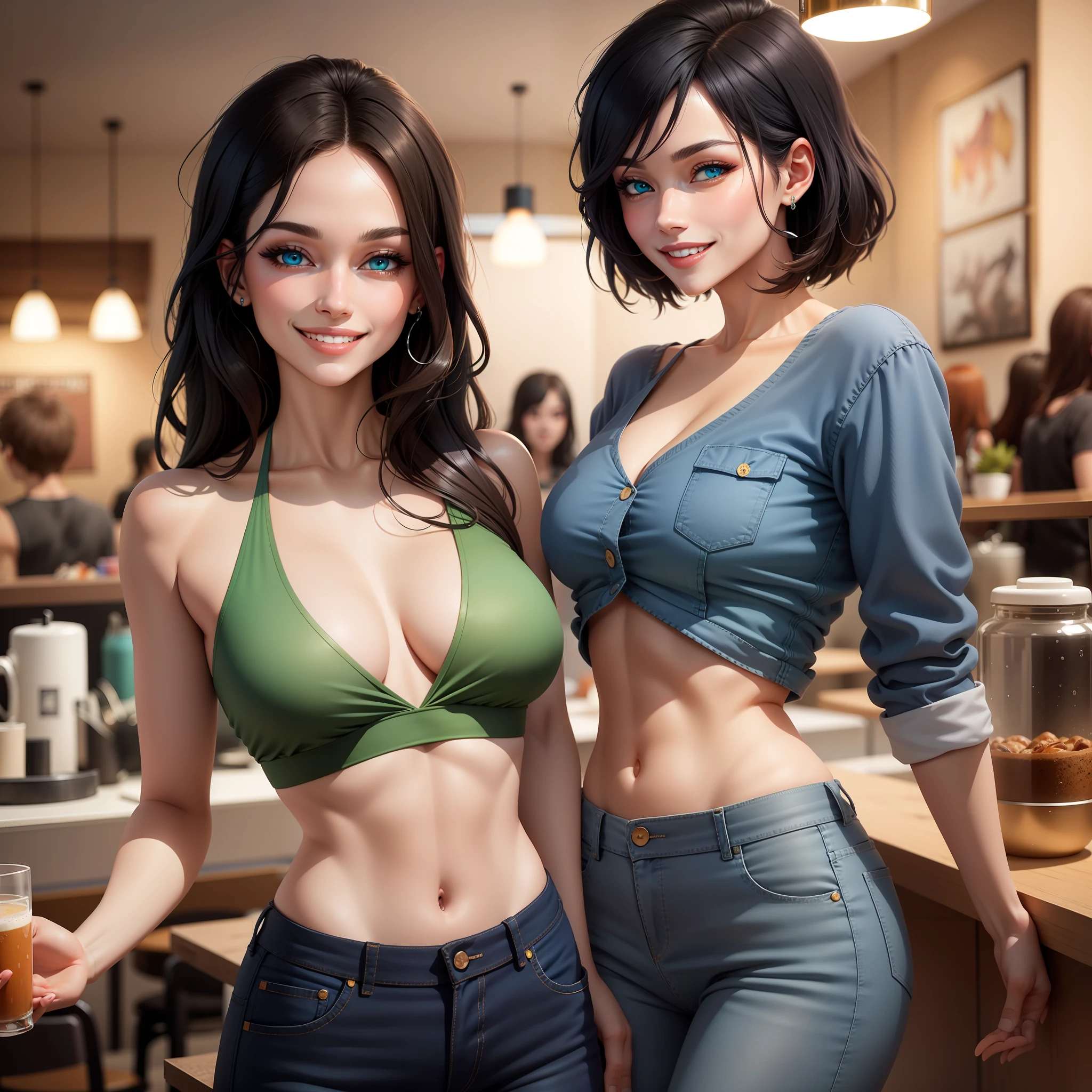 An attractive woman with diamond blue eyes, oval face with smiling shining teeth, sparkling black hair, gorgeous body, small breast, wearing a green top, strong abdomen, blue jeans, anatomically perfect, in a café, HD picture, 8k, artwork, perfect illustration