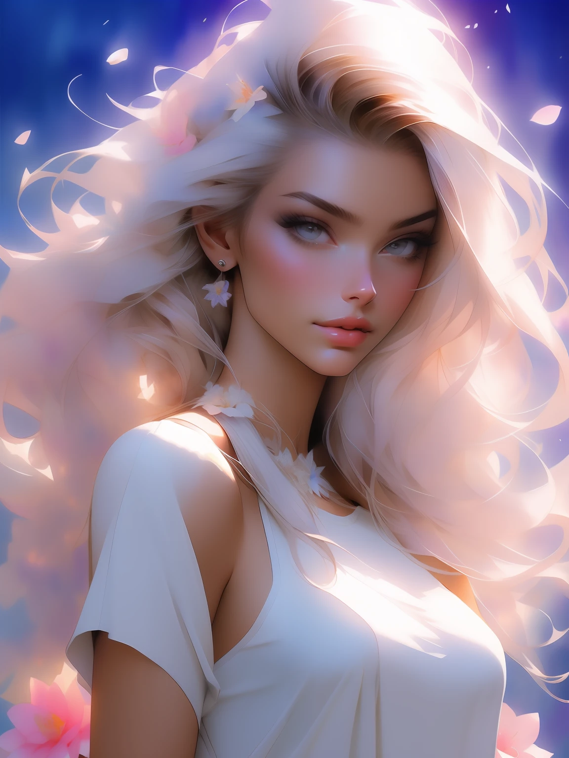 style FANTASTIC::Marc Silvestri ::5.0 COMIX illustration style, Fantastic Paintings--quality ,illustration style, DETAILED ,TATOON STYLE , Adriana Lima ,beautiful woman with long straight haiR ULTRA DETAILED, (beautiful and clear background:1.2), (extremely detailed CG, ultra-detailed, best shadow:1.1), ((depth of field)), ((watercolor)), large breasts(with jeans and a white t-shirt or dress:1.3), bare shoulders, flowers and petals, beautiful concept illustration , (white background:0.5), (illustration :1.1), (extremely fine and beautiful:1.1), (perfect details:1.1)