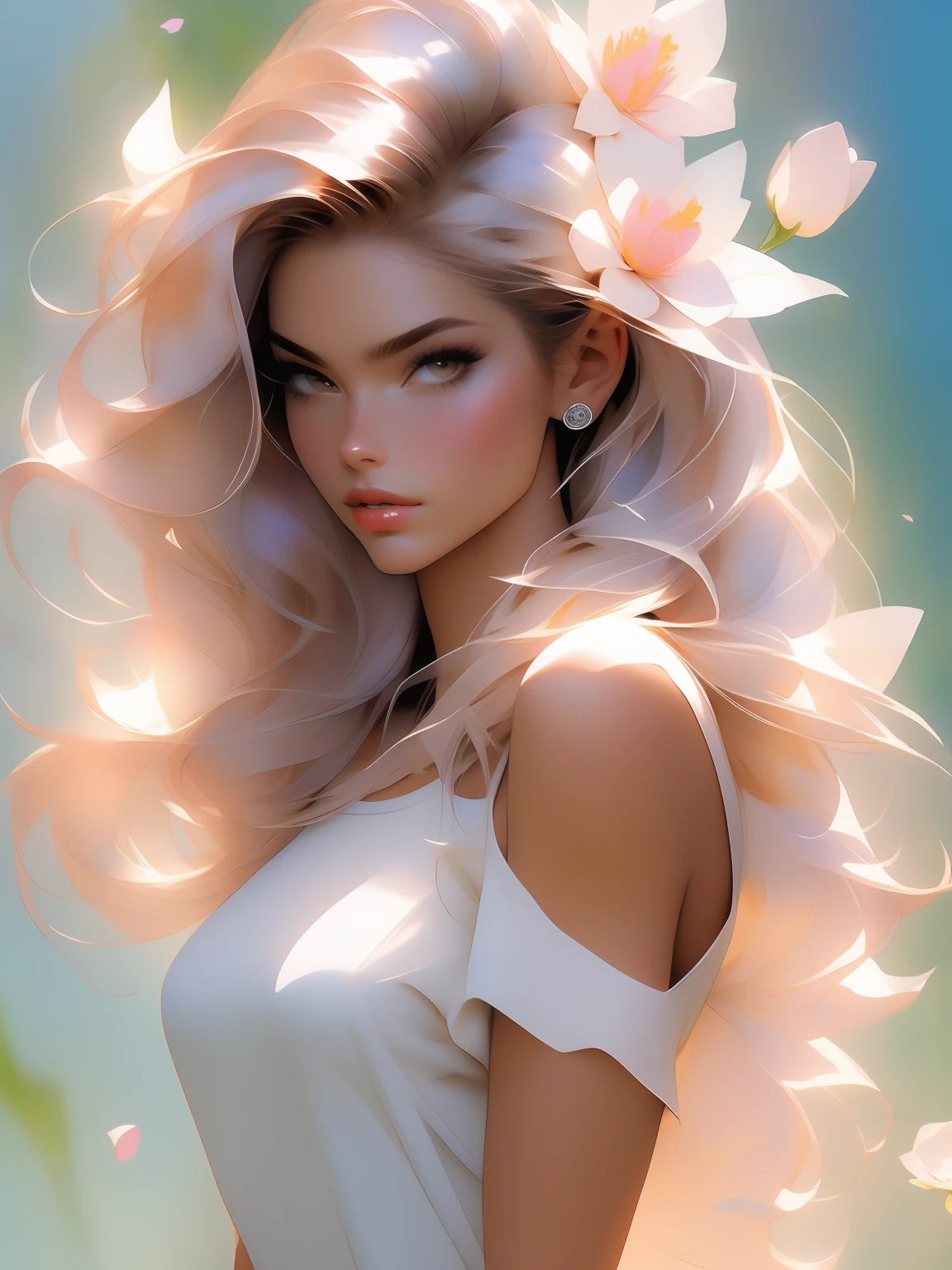 style FANTASTIC::Marc Silvestri  ::5.0 COMIX illustration style, Fantastic Paintings--quality  ,illustration style, DETAILED ,TATOON STYLE ,  Adriana Lima ,beautiful woman with long straight haiR ULTRA DETAILED, (beautiful and clear background:1.2), (extremely detailed CG, ultra-detailed, best shadow:1.1), ((depth of field)), ((watercolor)), large breasts(with jeans and a white t-shirt or dress:1.3), bare shoulders, flowers and petals, beautiful concept illustration , (white background:0.5), (illustration :1.1), (extremely fine and beautiful:1.1), (perfect details:1.1)