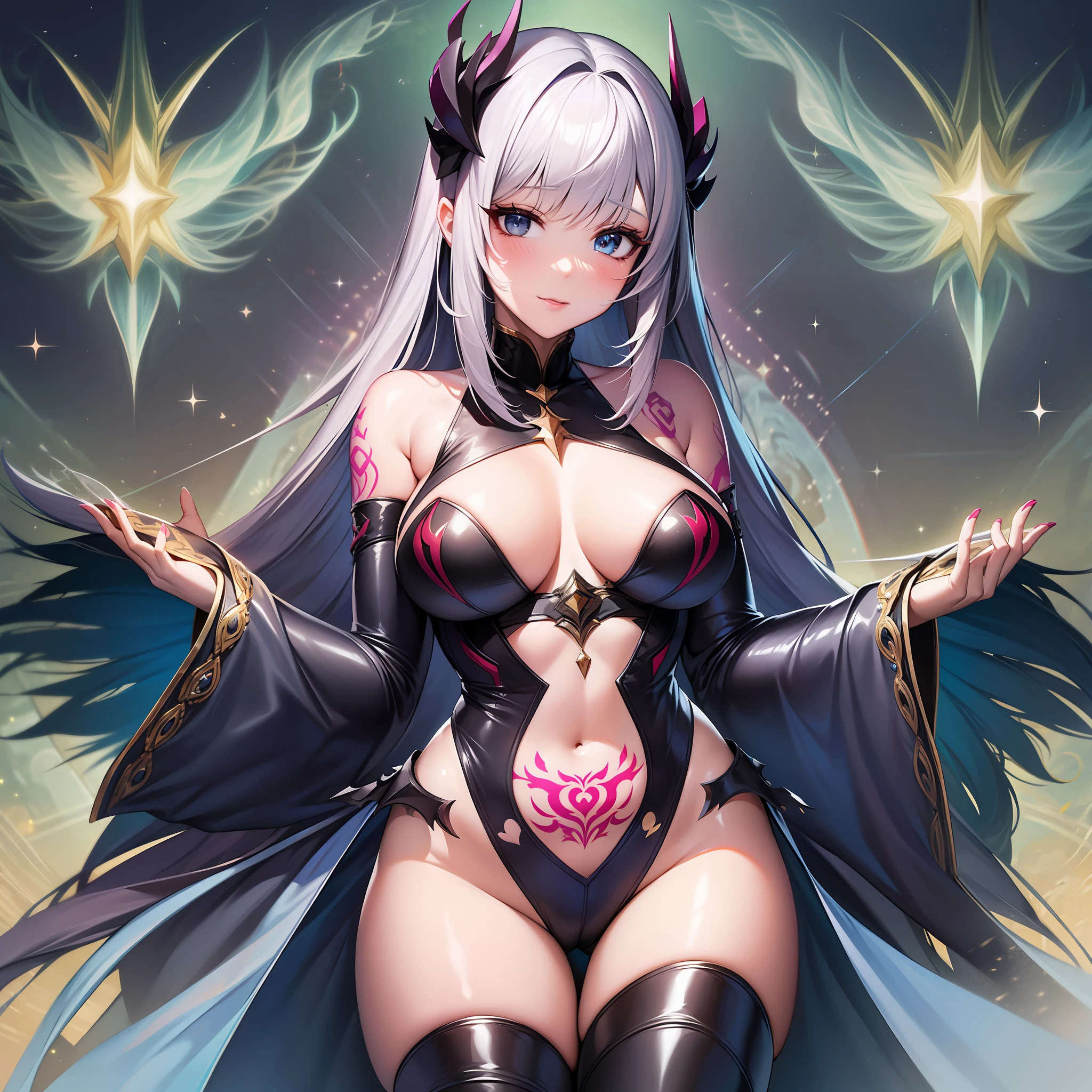 (fractals), 1人の女性, Super glossy skin, (tattoo on crotch:1.0), magical girl, 18year old, A face that feels pleasure, large full breasts,