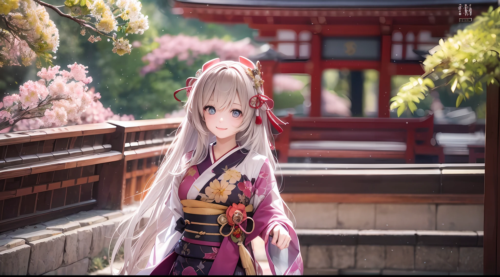 photoRealstic、The Girl Who Turned Around、Clothing product samples、kawaii、A smile、Eye Color Contacts、accessorized、full body Esbian、Walking、夏天、Kinkakuji Temple in Kyoto