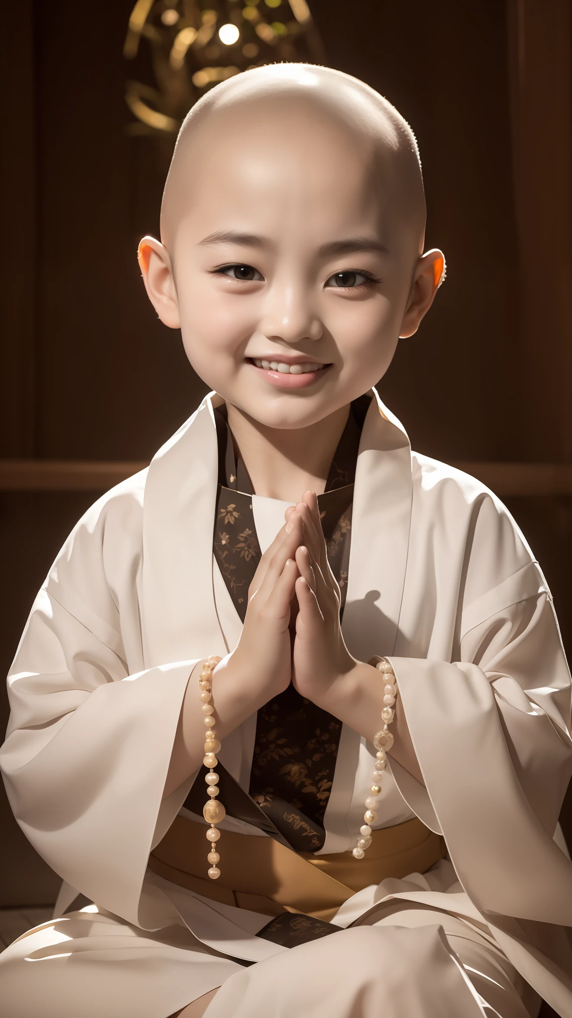 A 5-year-old monk，bald-headed，ember，Round head，Chubby, Smooth and fair face，With big charming eyes，二重まぶた，Thick eyebrows，High nose，Beautiful lips with a smile，Wearing a white cassock，Fold your hands with Buddha beads together，frontage，Sitting cross-legged in a bamboo forest，k hd，Normal hands