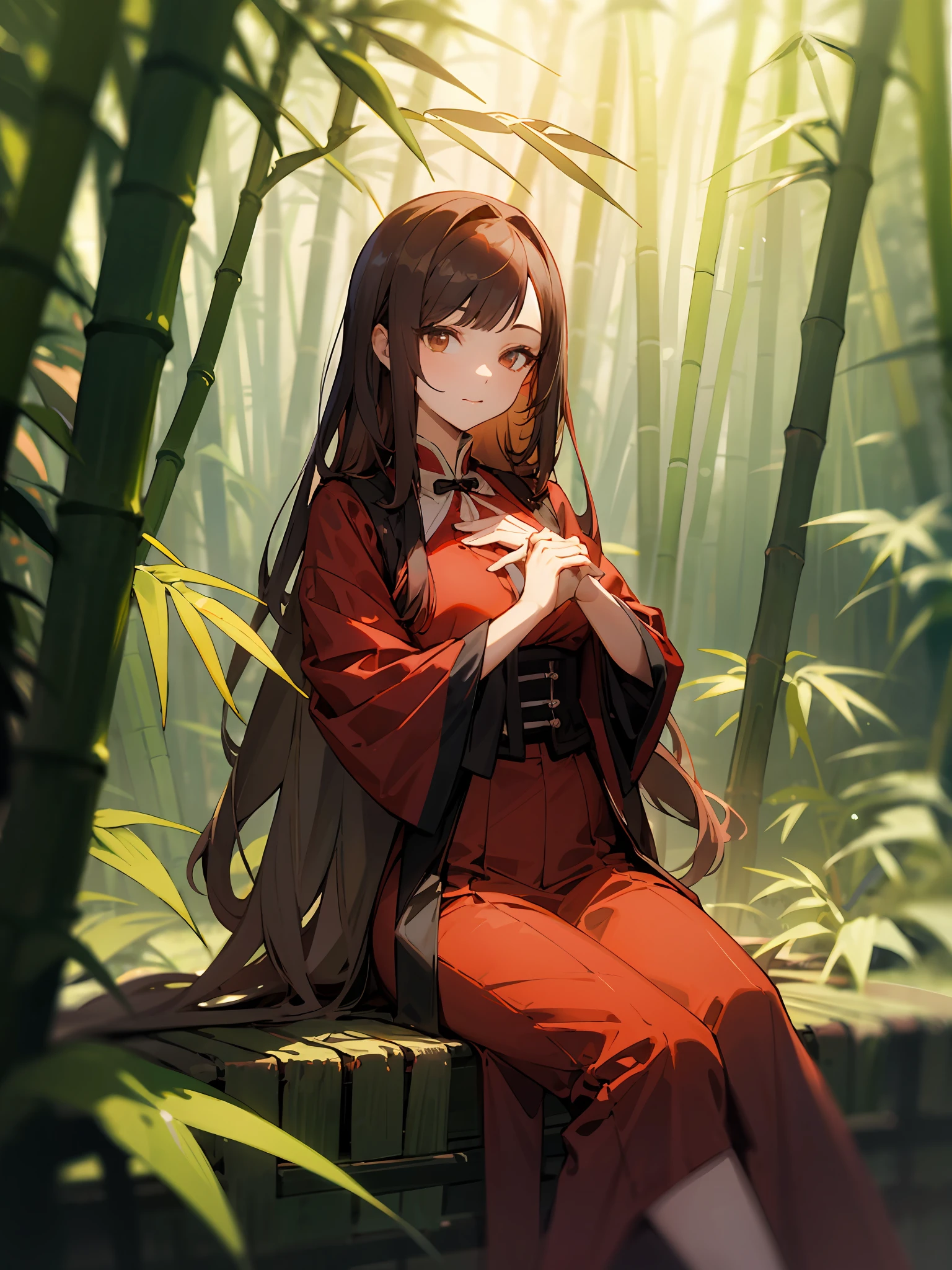 (tmasterpiece,best qualtiy),1 long brunette sexy girl sitting in bamboo forest with flowers and grass greenery,Her hands were on her chest,warmly lit,Red period costume,Blurred foreground