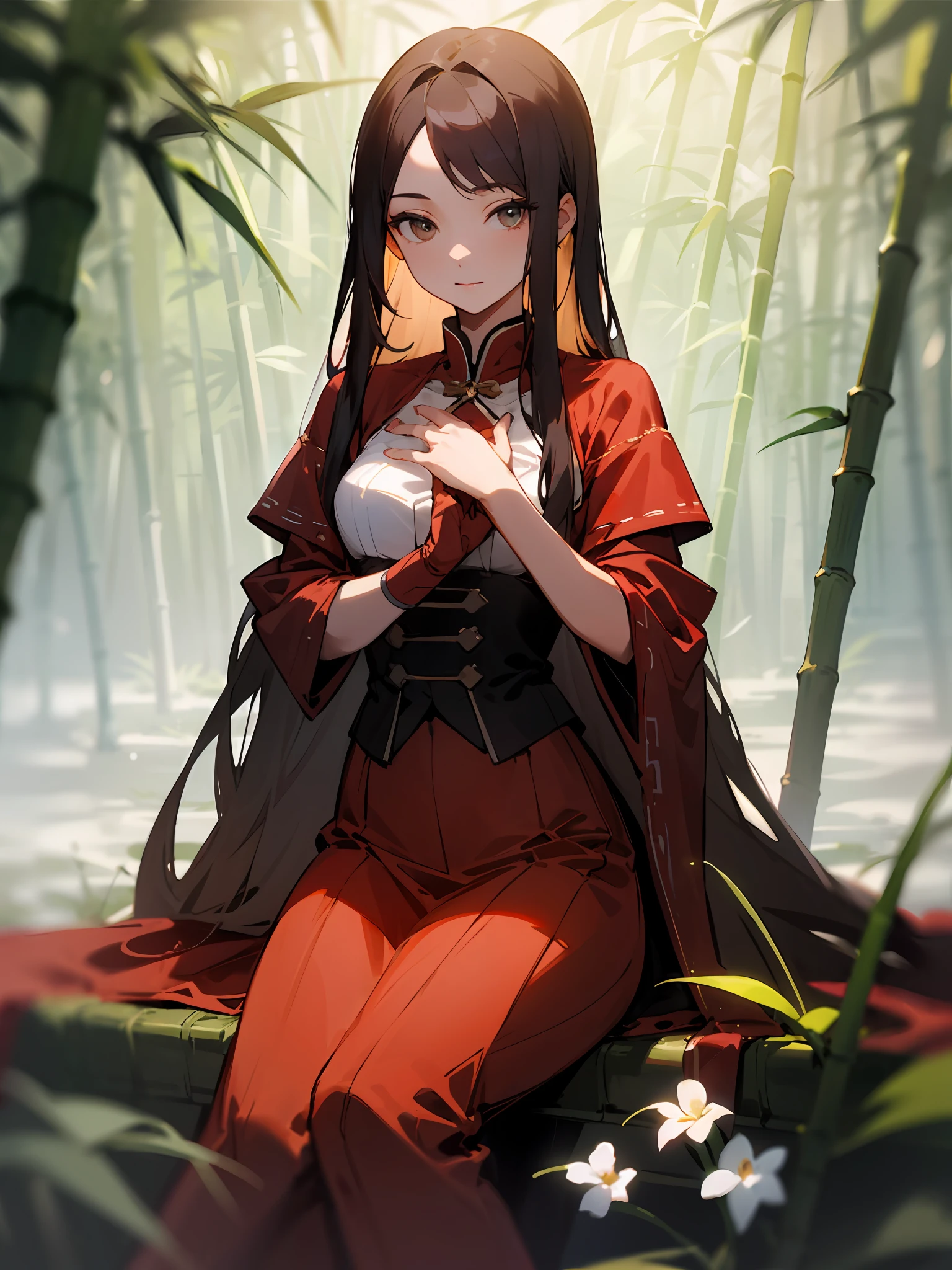 (tmasterpiece,best qualtiy),1 long brunette sexy girl sitting in bamboo forest with flowers and grass greenery,Her hands were on her chest,warmly lit,Red period costume,Blurred foreground