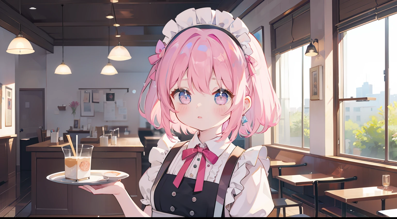 One girl、Pink hair、​masterpiece、top-quality、Top image quality、cute little、Side tail、maid clothes、Maid Cafe、Carry dishes、panic