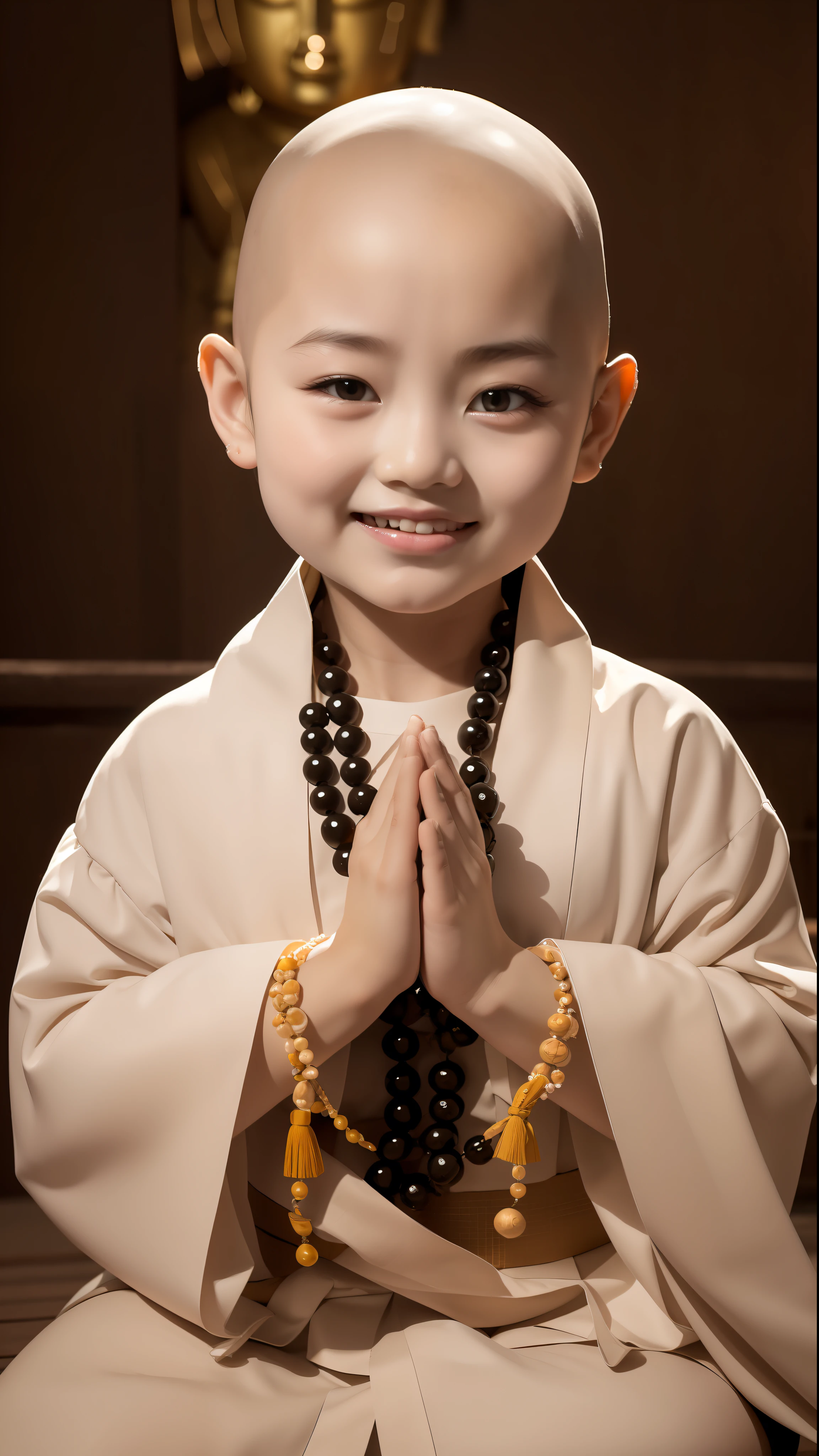 A 5-year-old monk，bald-headed，Girl，Round head，Chubby, Smooth and fair face，With big charming eyes，二重まぶた，Thick eyebrows，High nose，Beautiful lips with a smile，Wearing a white cassock，Fold your hands with Buddha beads together，frontage，Sitting cross-legged in a bamboo forest，k hd，Normal hands