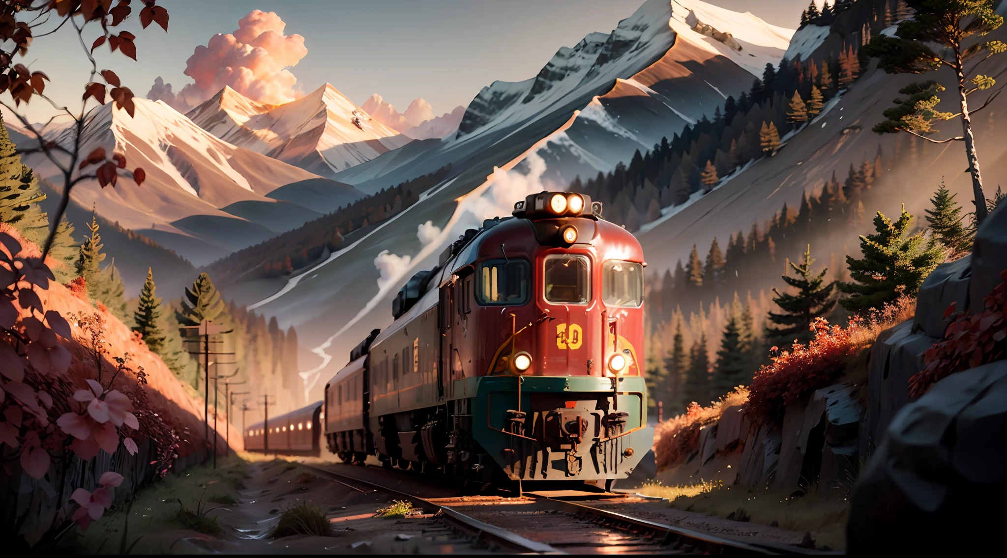 landscape, A mountain in the jungle, A train is moving from the top, the train is in the style of an 18th century steam train, the train is red in appearance, the whole landscape is autumn, Lighting details, Overhead perspective, Anime style with defining strokes, Dark background with noon sun light, 8K, hyper HD, severe low lighting, High quality, Sharp focus, Fujifilm XT3